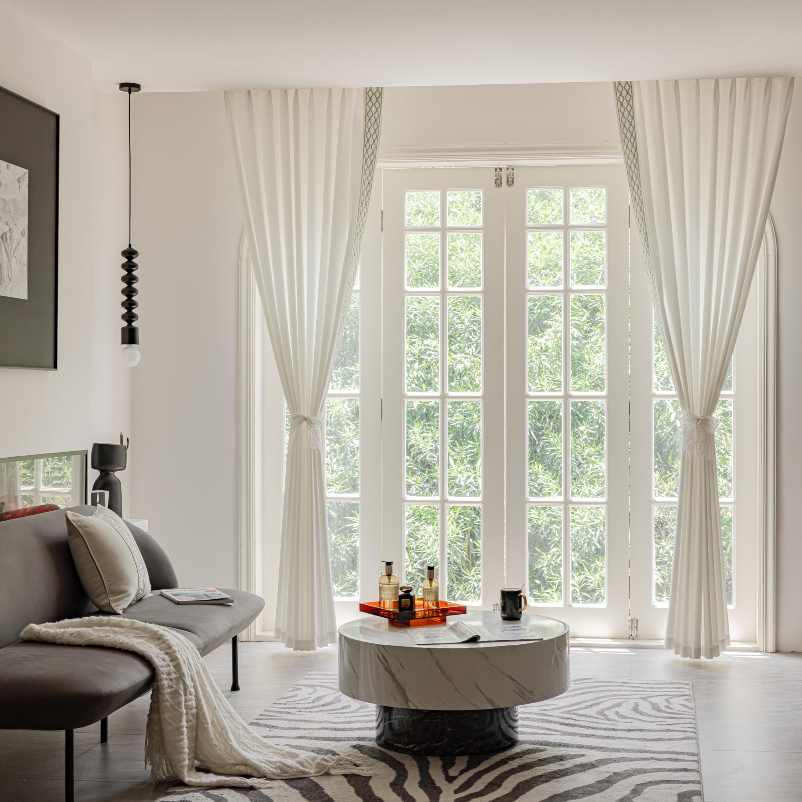White Linen Curtain Panels with Embroidered Trim Design, Pinch Pleat Curtains