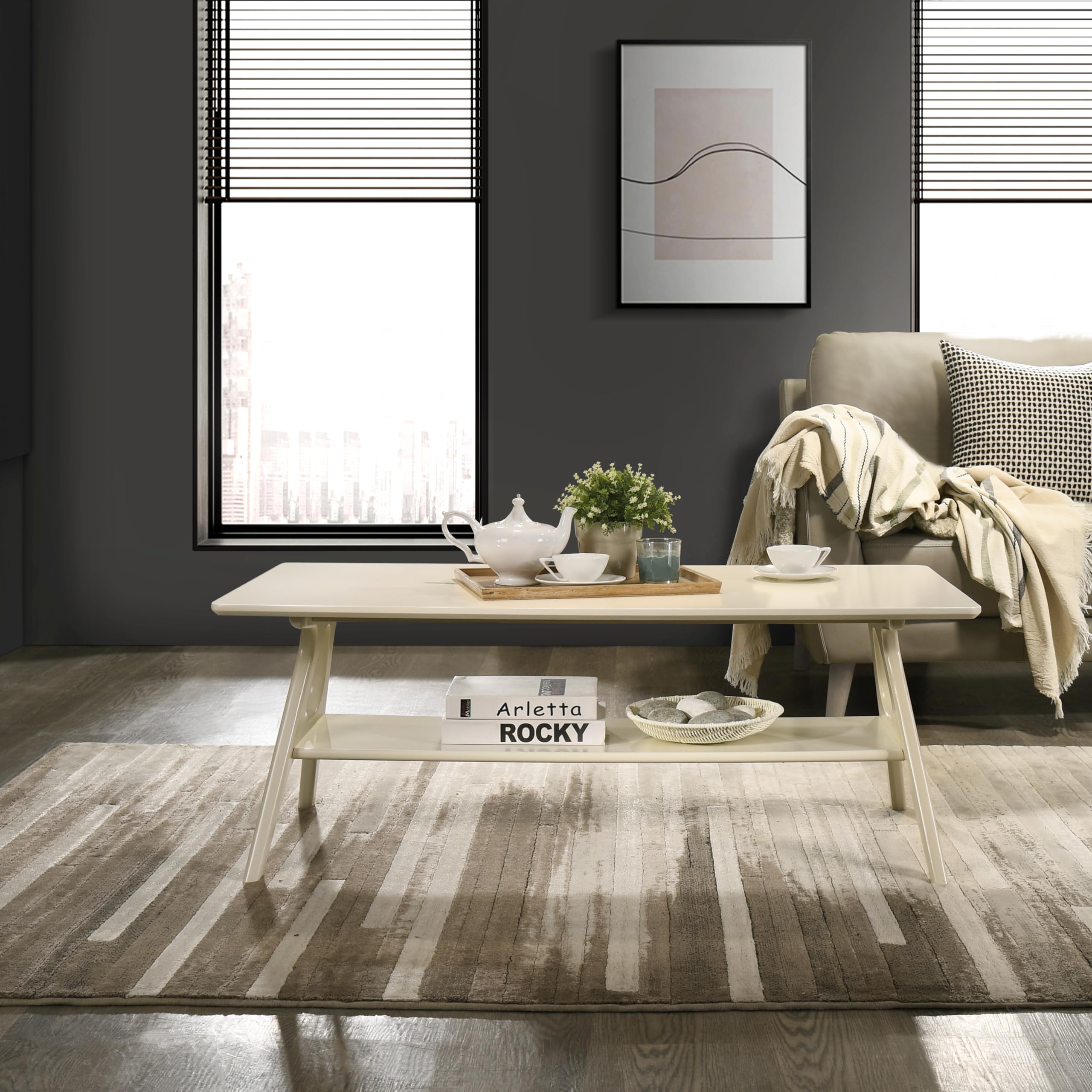 Arona Mid-Century Modern Wood Shelf Coffee Table, Off-White Finish