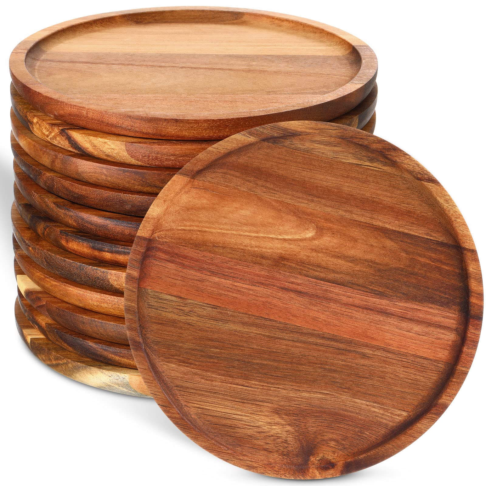 12 Pcs Acacia Round Dinner Plates Wood Tray Round Wooden Charger Plate