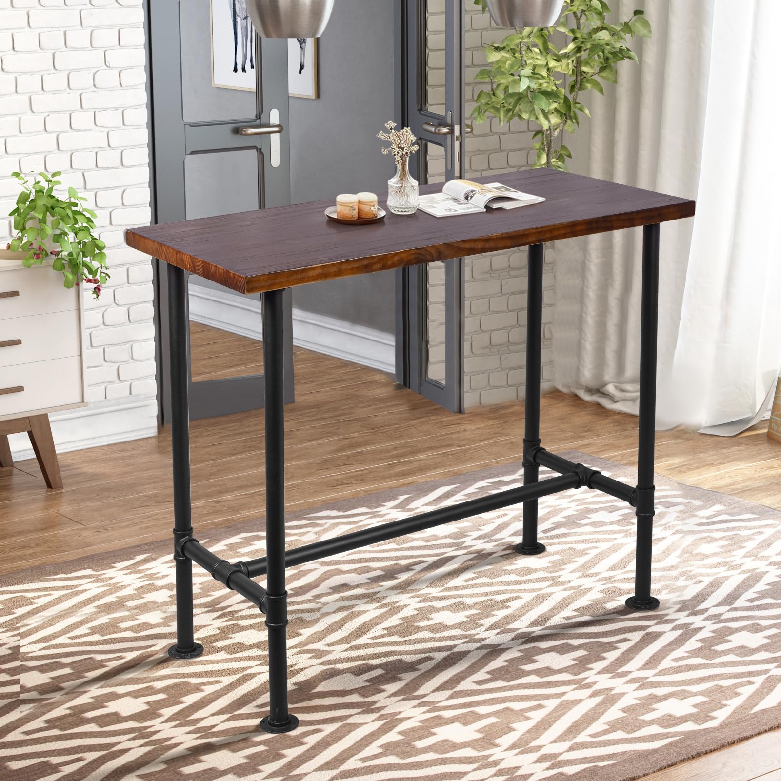 Diwhy DIY Industrial Design Pipe Dining Table Casual Pub BAR Laptop Table Modern Studio Wood and Metal Rectangular Dining Table homeoffice Desk Breakfast high bar Table Brown Desktop 47.3" × 23.6"