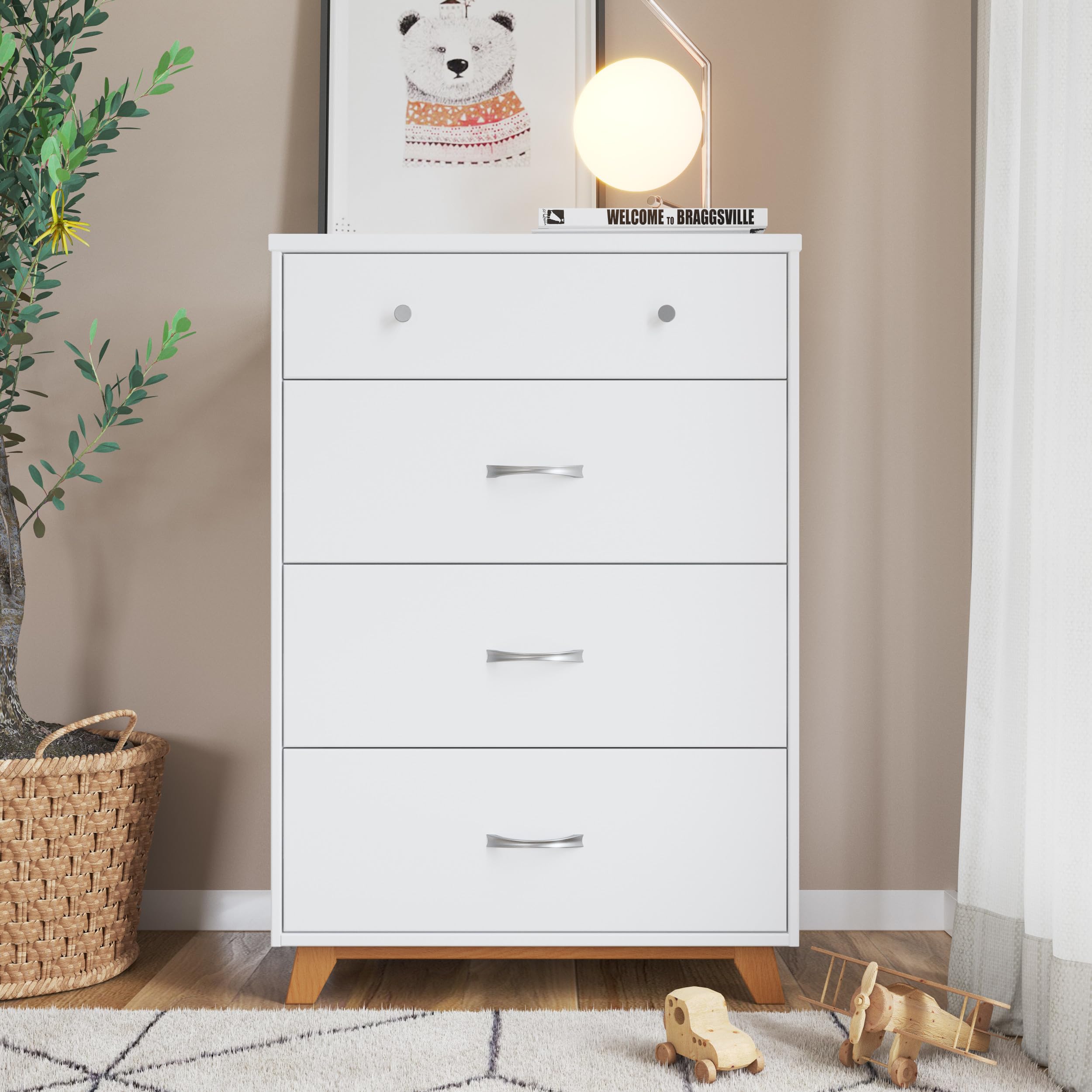 SOHO Crib, 3-Drawer Dresser, Chest, Nightstand, 4-Piece Nursery Set (White/Natural)
