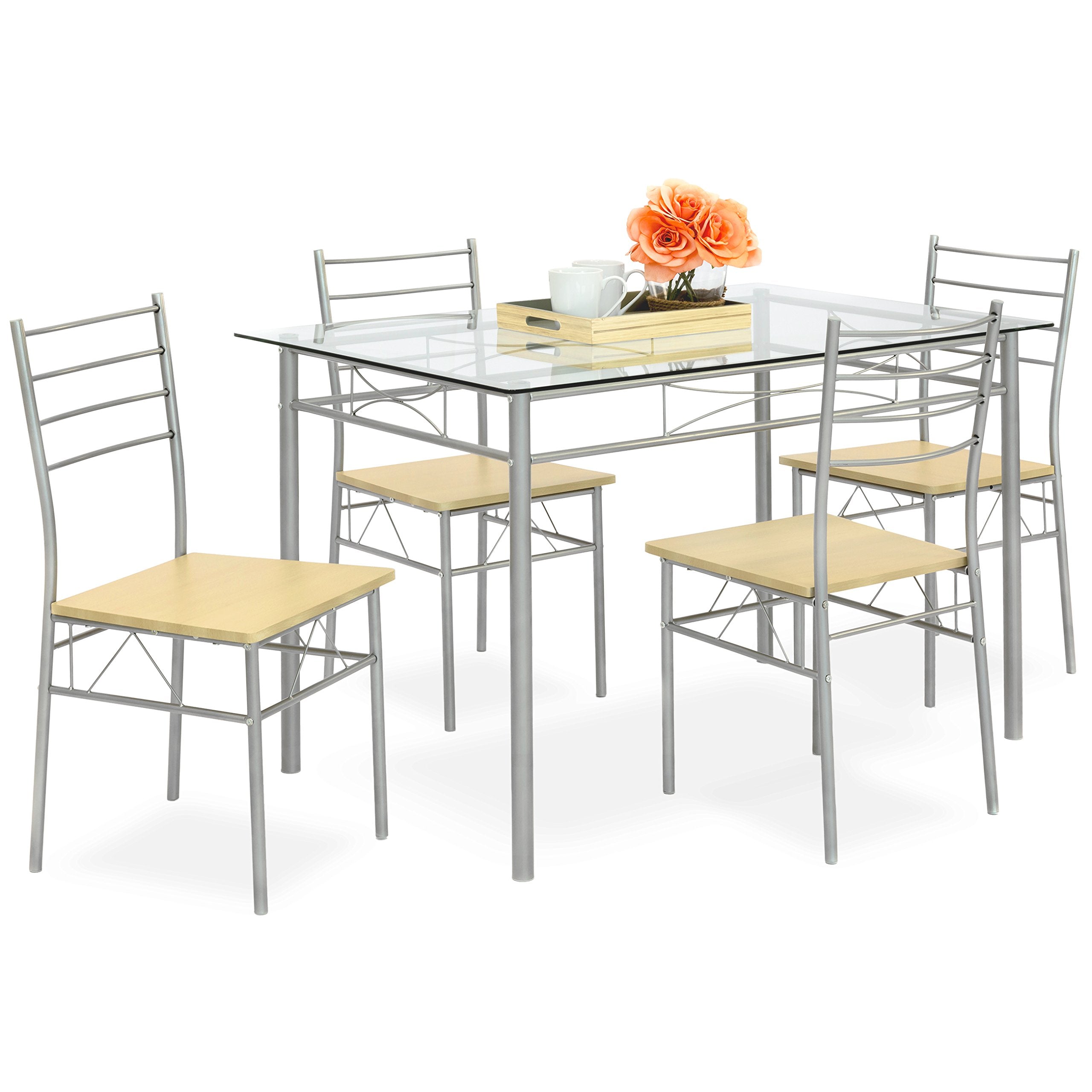 5-Piece Glass Top Dining Table Breakfast Set Furniture for Kitchen