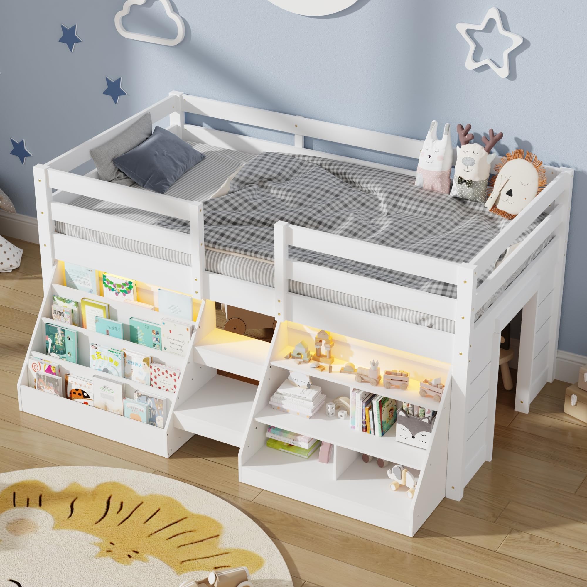 Twin Size Low Loft Bed with Stairs for Kids