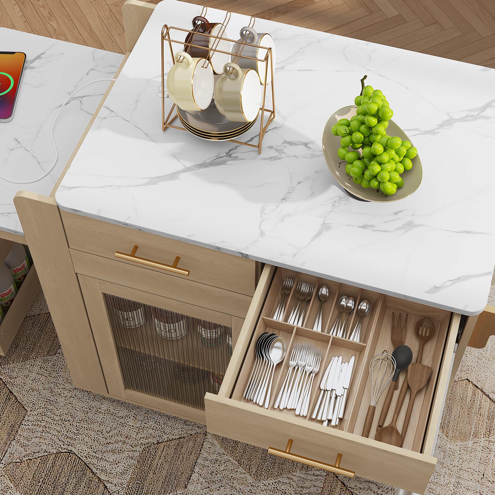 Island with Extendable Dining Table, Marble Grain Top Kitchen Island with Power