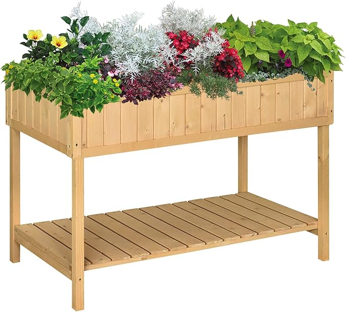43x18x30in Raised Garden Bed with 8 Pockets and Shelf, Wooden Elevated Planter