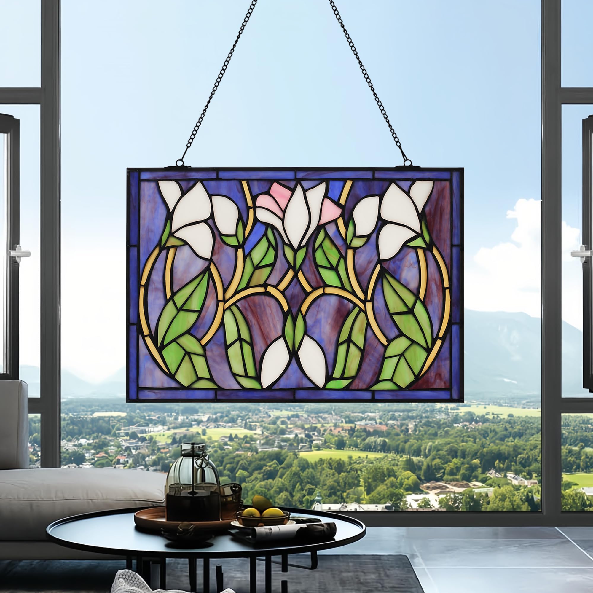 Rectangular Lily Stained Glass Window Hanging Tiffany Style Handmade 16" X 11" Purple