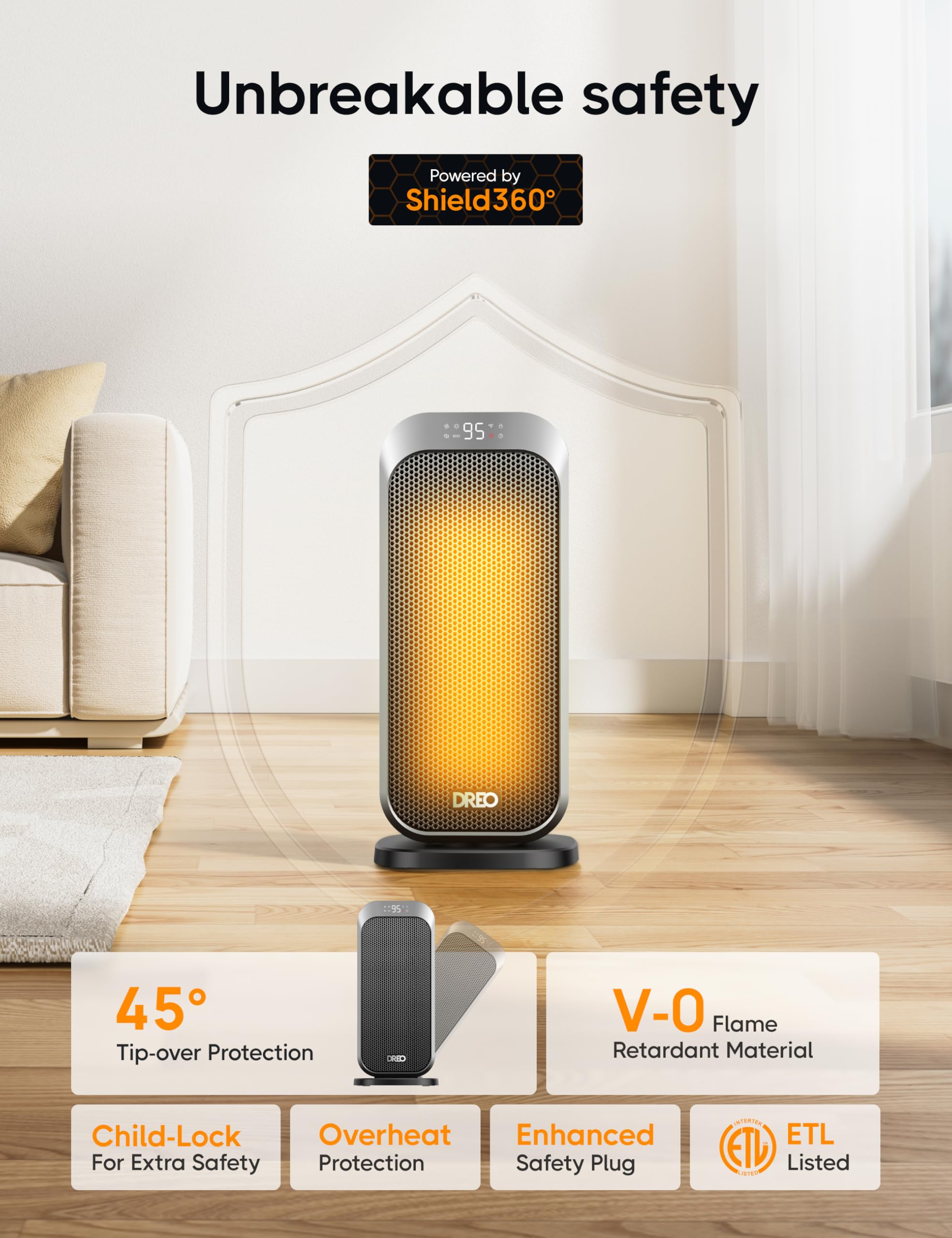 Dreo Quiet Space Heaters for Indoor Use, 1500W Electric Heater with Remote, PTC Ceramic Heater with Thermostat, 12H Timer, 70° Oscillation, Digital Display, Fast Safety Room Heater for Bedroom Office