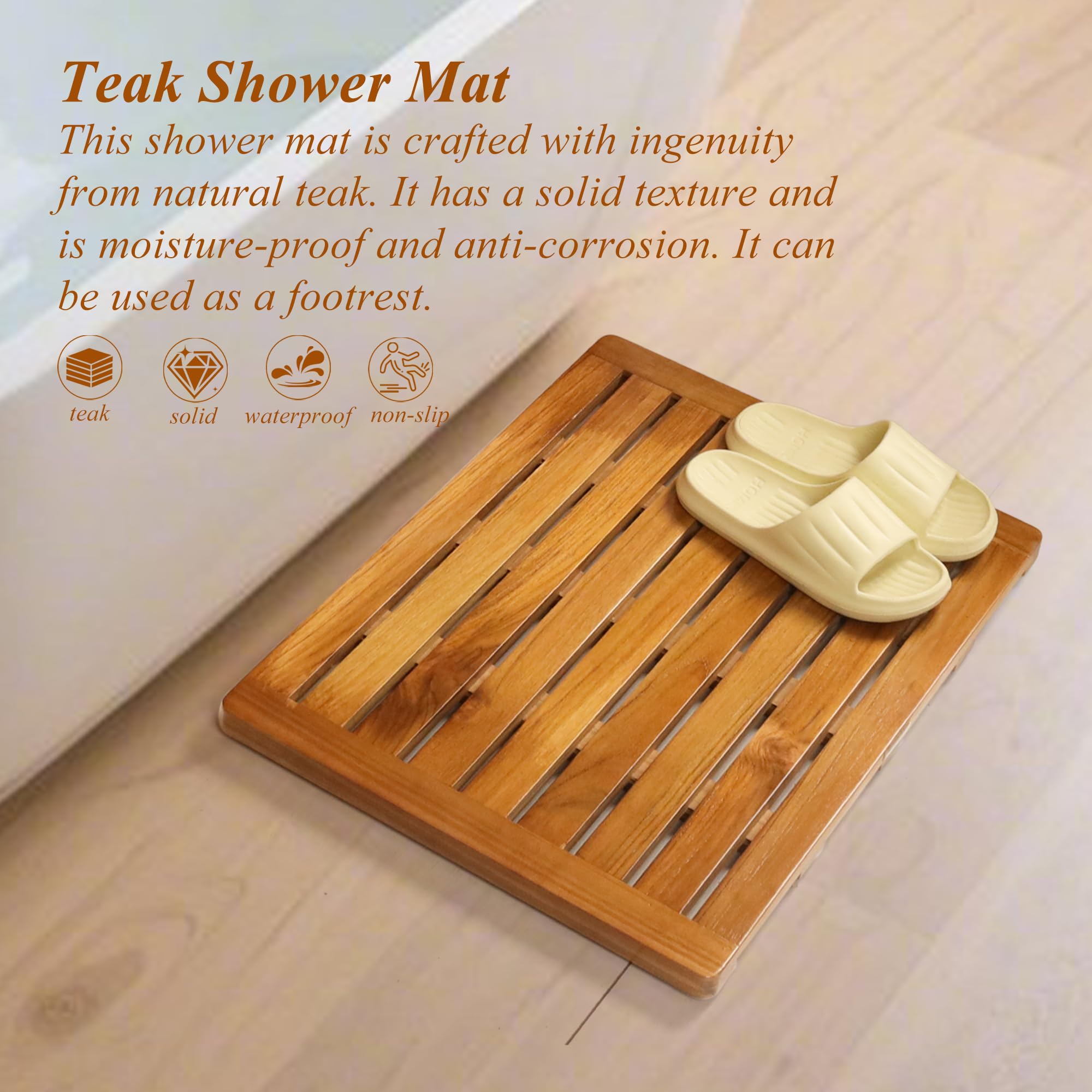 Boflay Teak Wood Bath Mat,Wooden Shower Mat, Bathtub Mat,Water-Resistant & Anti-Slip Teak Floor Mat,Easy to Clean Indoor or Outdoor,Max 300 lbs(A.Mat)