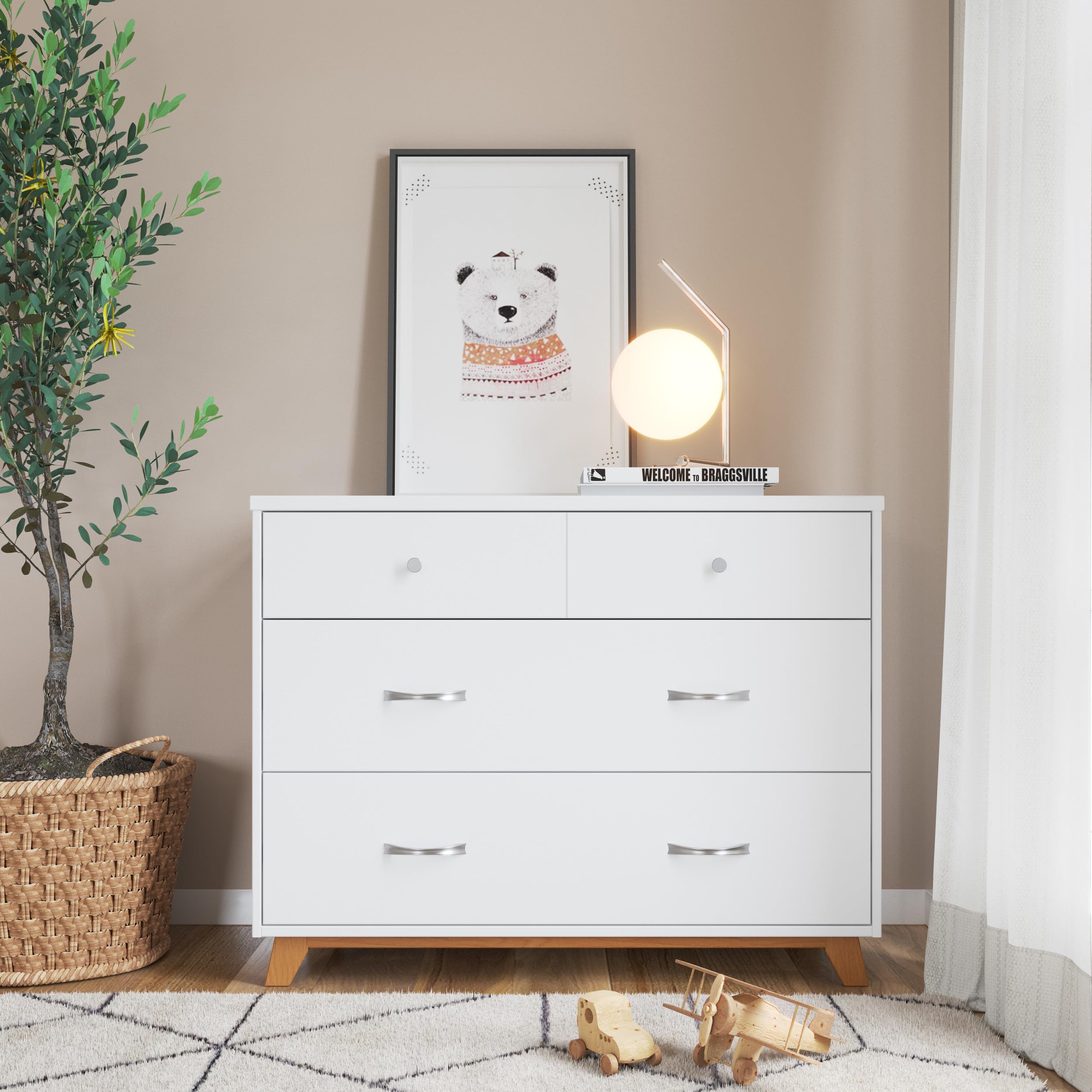 SOHO Crib, 3-Drawer Dresser, Chest, Nightstand, 4-Piece Nursery Set (White/Natural)