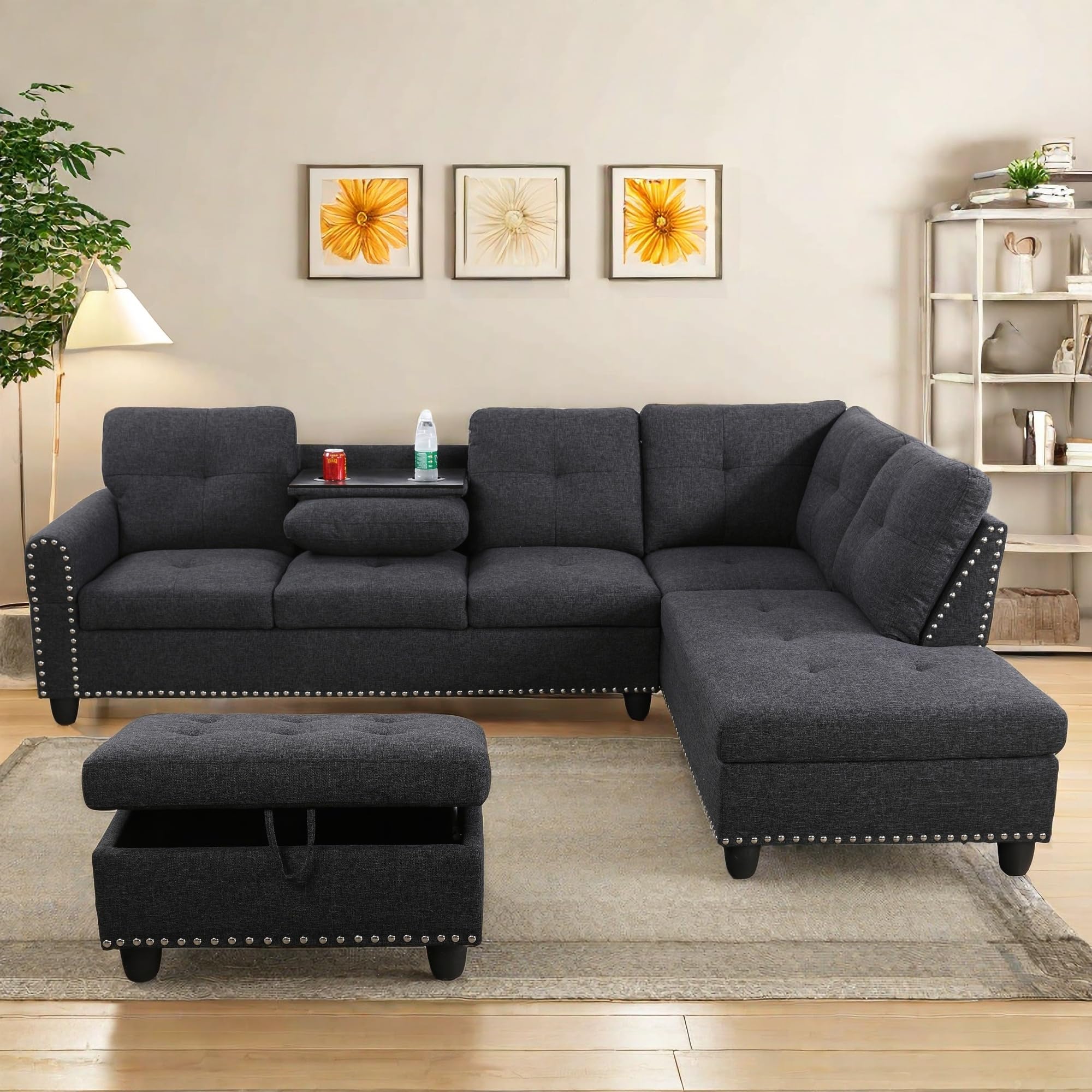 L Shaped Sectional Couches, Modular Sectional Sofa with Ottoman Storage