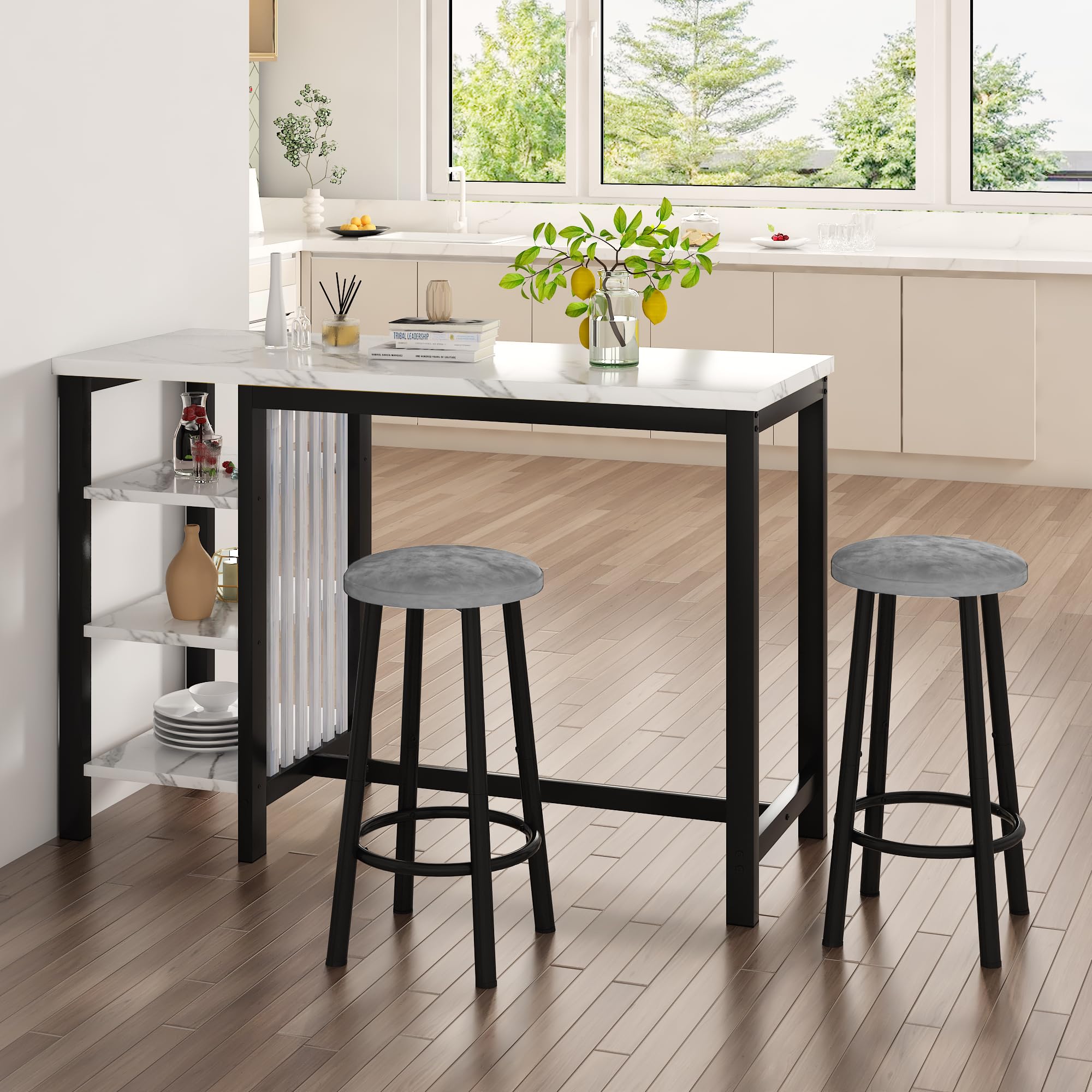 Bar Table Set with Storage Shelves, 47" Modern White Faux Marble Breakfast Table