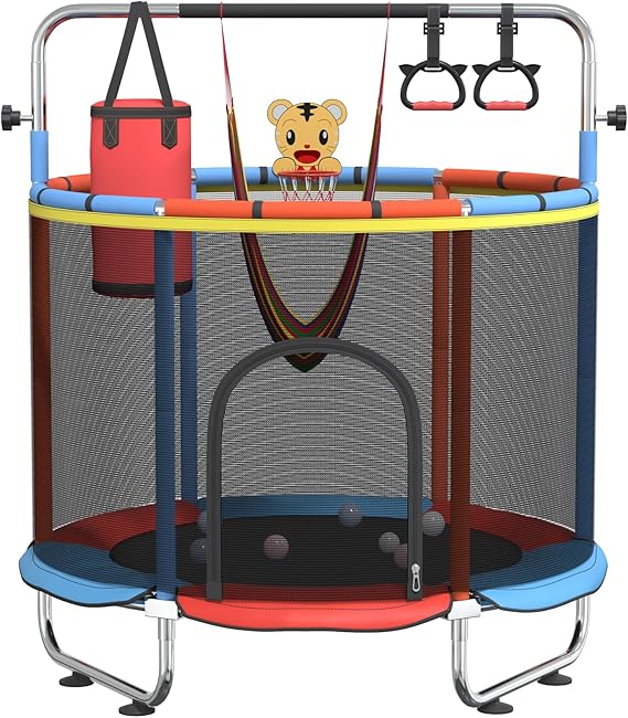 Pelnuies 60" Trampoline for Kids with Safety Net, 440lbs Indoor & Outdoor Toddler Trampoline with Swing, Adjustable Gym Bar & Basketball Hoop, Fun & Active Play for Boys & Girls, Yellowishblue