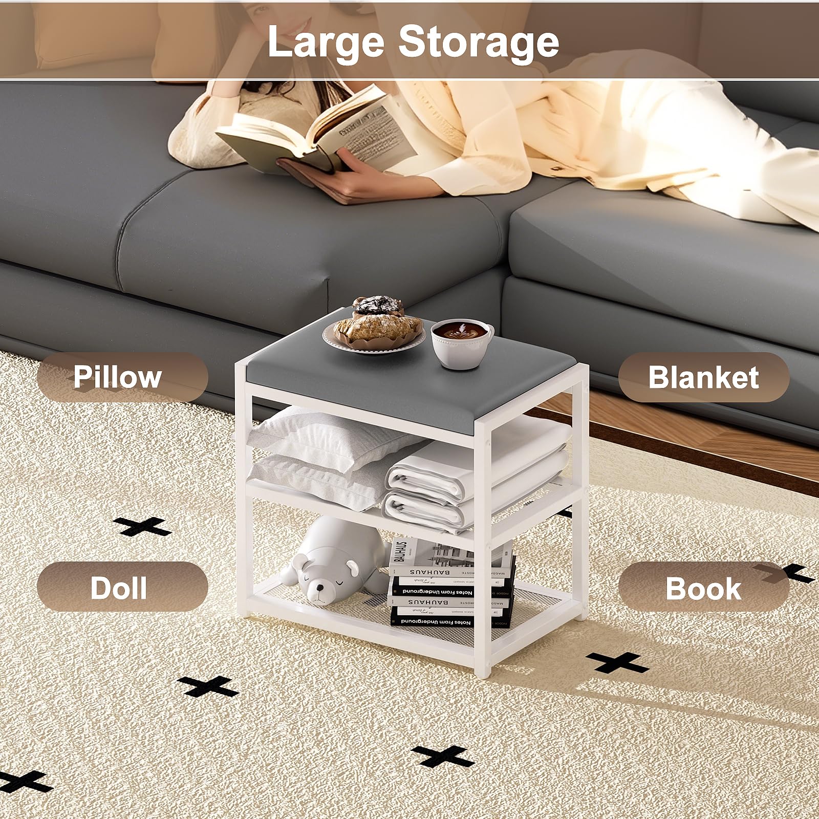 ZHOOGE Small Ottoman with Storage, Vanity Stool Chair Faux Fur, Foot Ottoman, Square Makeup Stool for Small Spaces, Living Room, Bedroom, Bathroom, Entryway, White