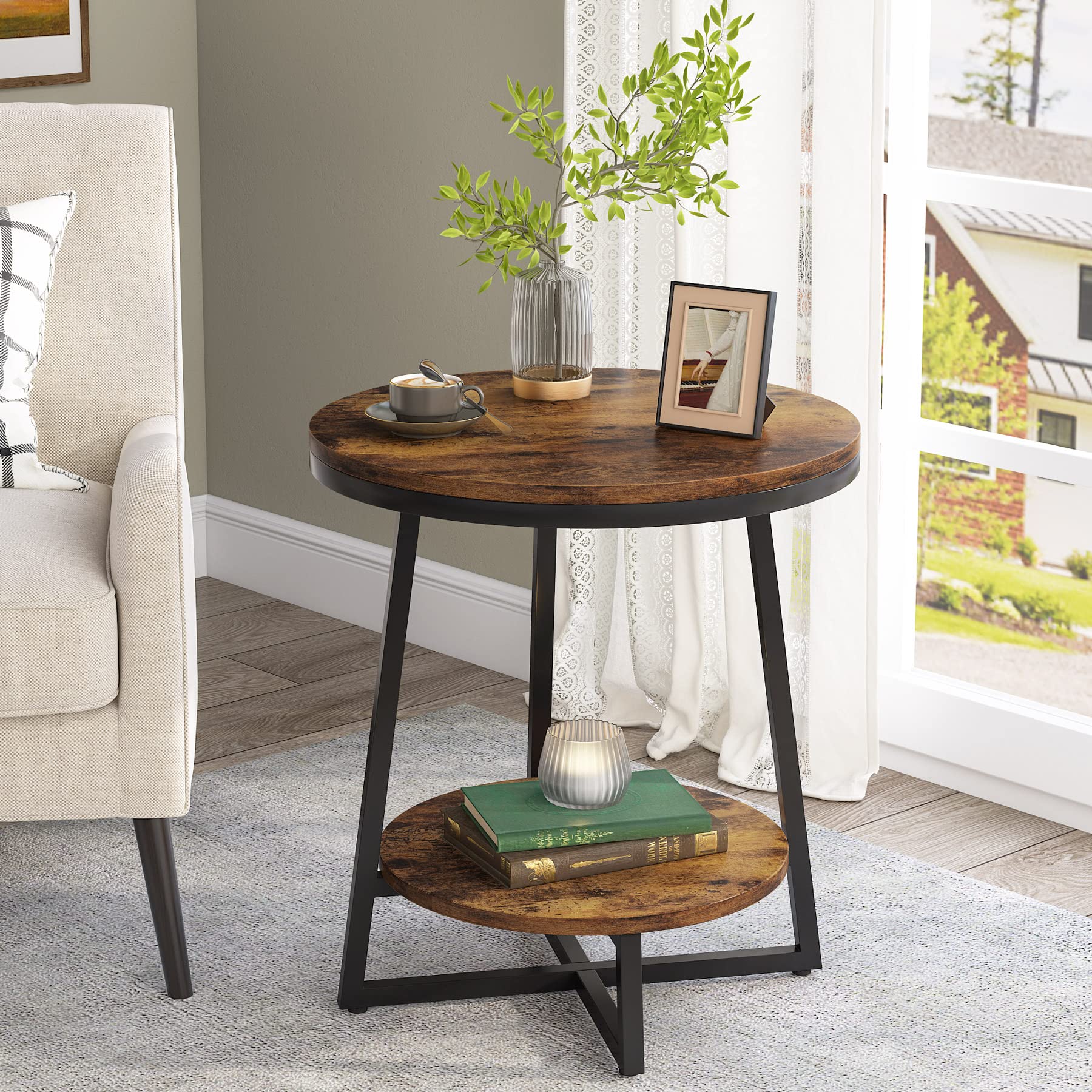 End Table, 2 Tier Round Side Table with Storage Shelf