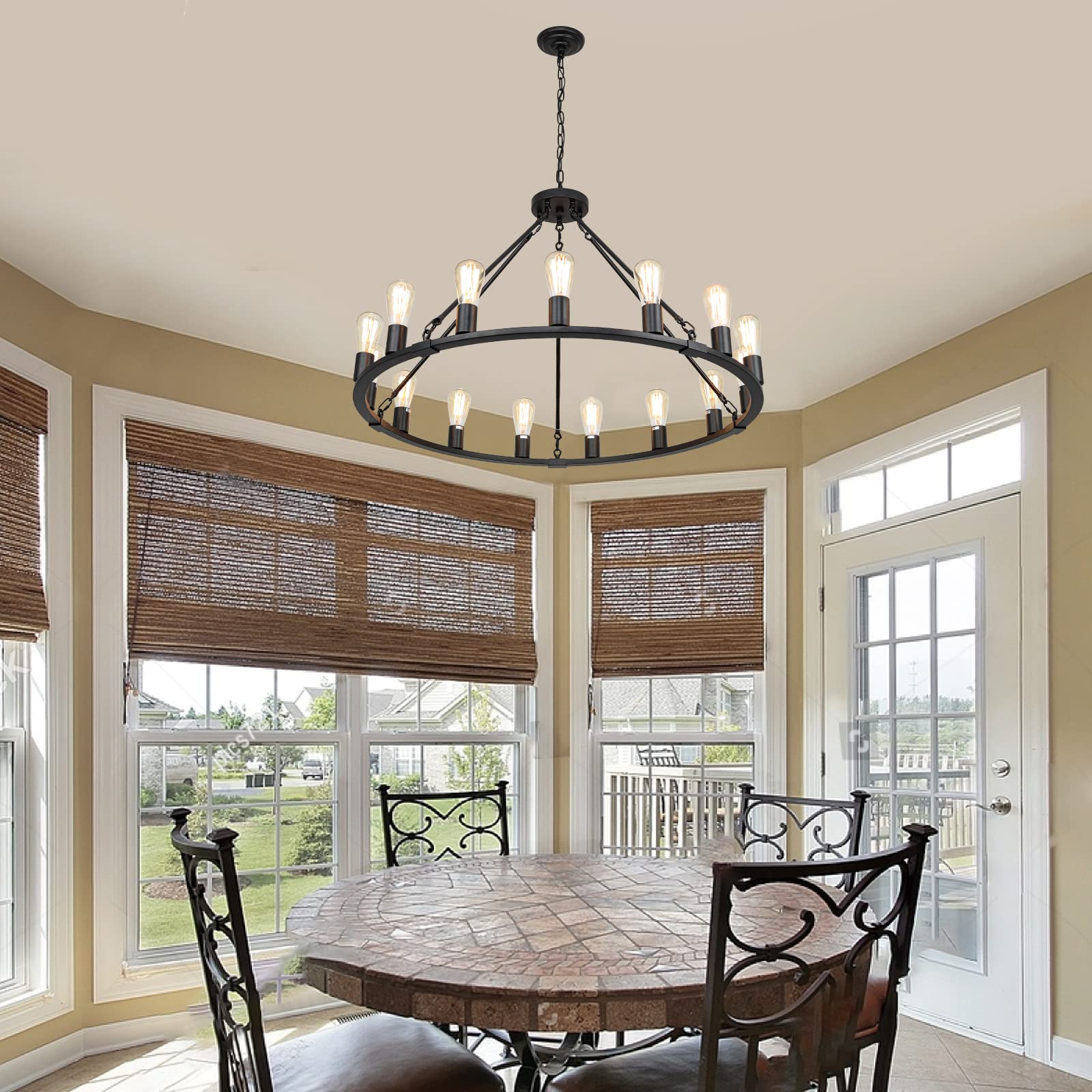 Wagon Wheel Chandelier, 15 Light Black Farmhouse Chandeliers for Dining Room