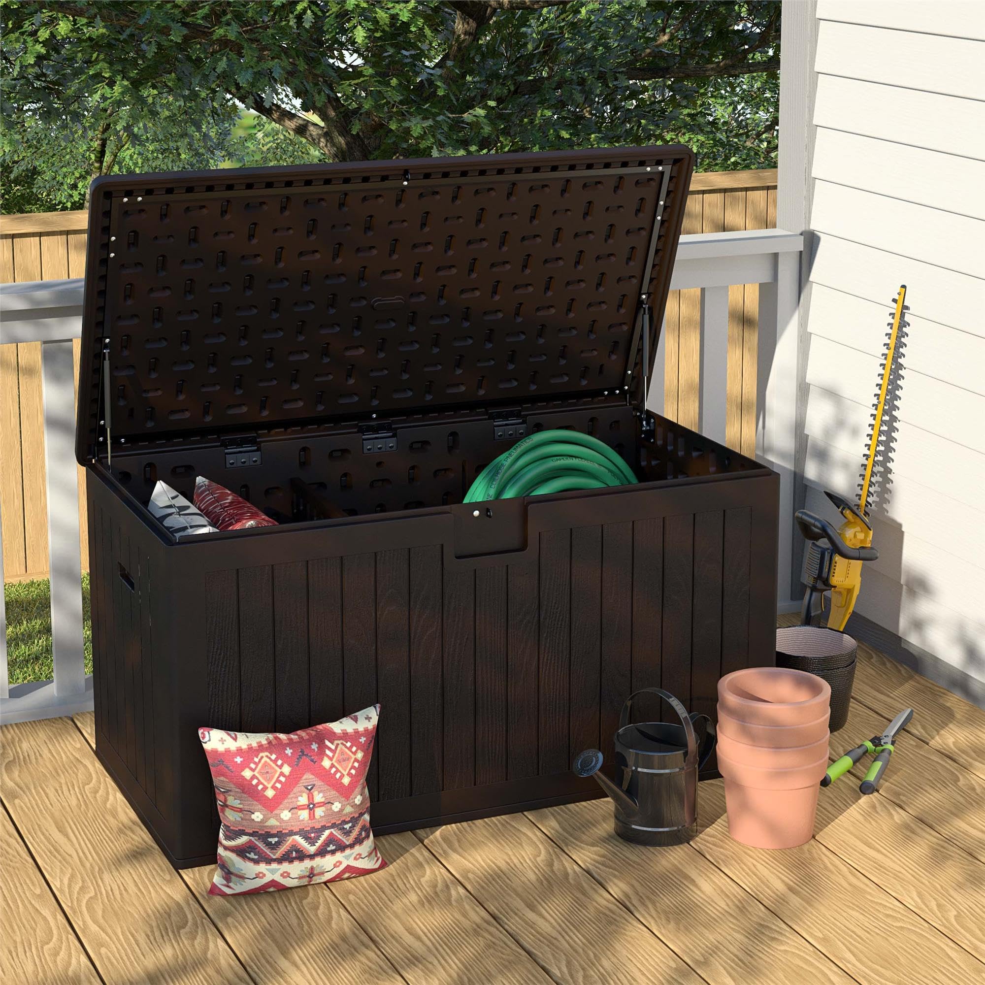 Gallon Outdoor Storage Box with Storage Divider, Weather Resistant Resin