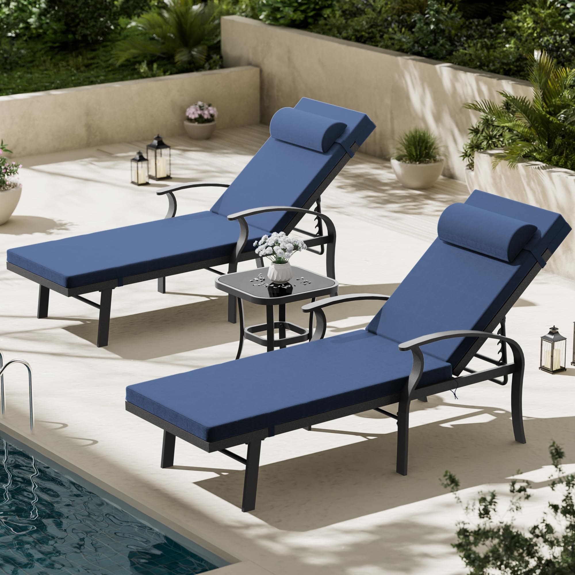 3 Pieces Patio Chaise Lounger,Aluminum Outdoor Loungers with Adjustable Backrest