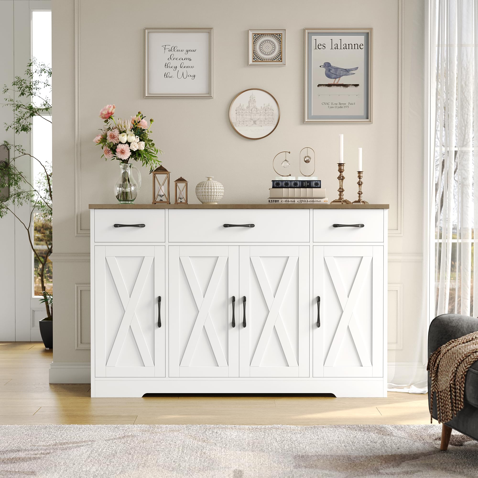 Buffet Cabinet with Drawers, 55" Large Sideboard Buffet Storage Cabinet