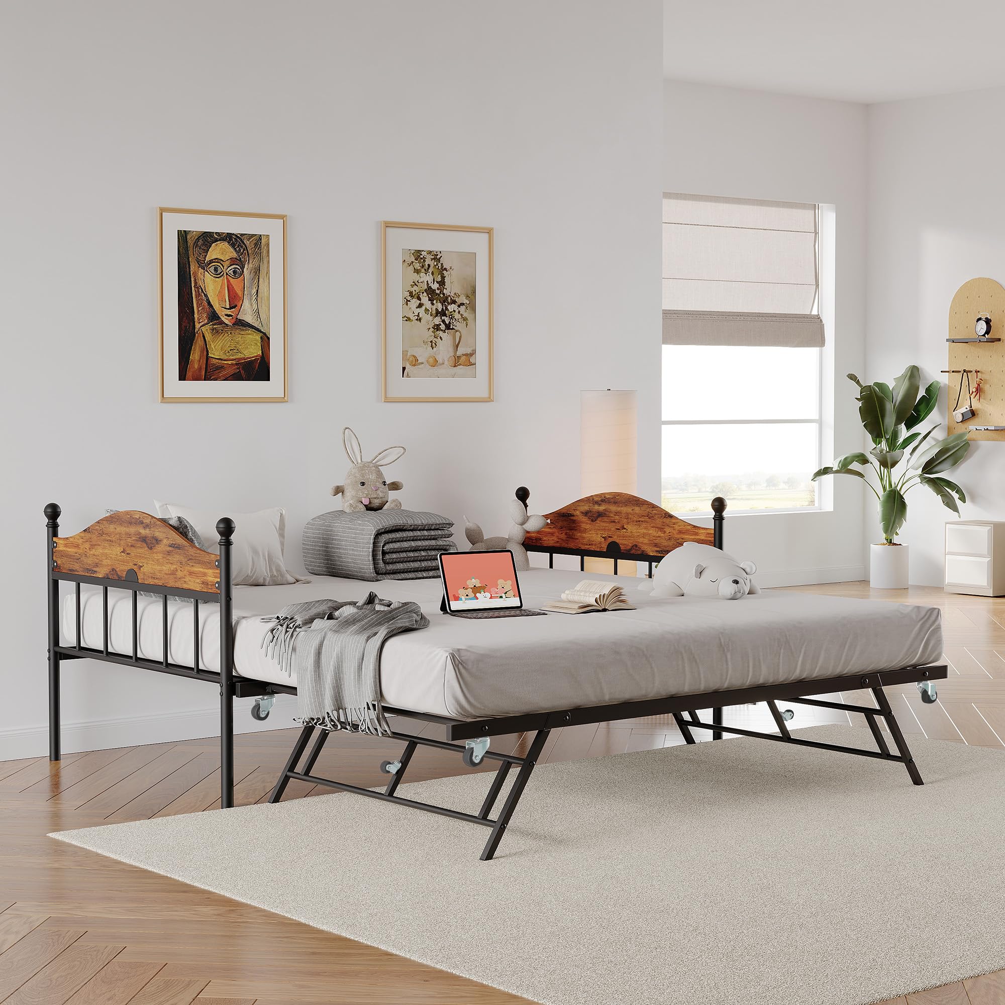 Daybed With Trundle, Metal Twin Size Day Bed With Stylish Headboard, Sofa Bed Frame