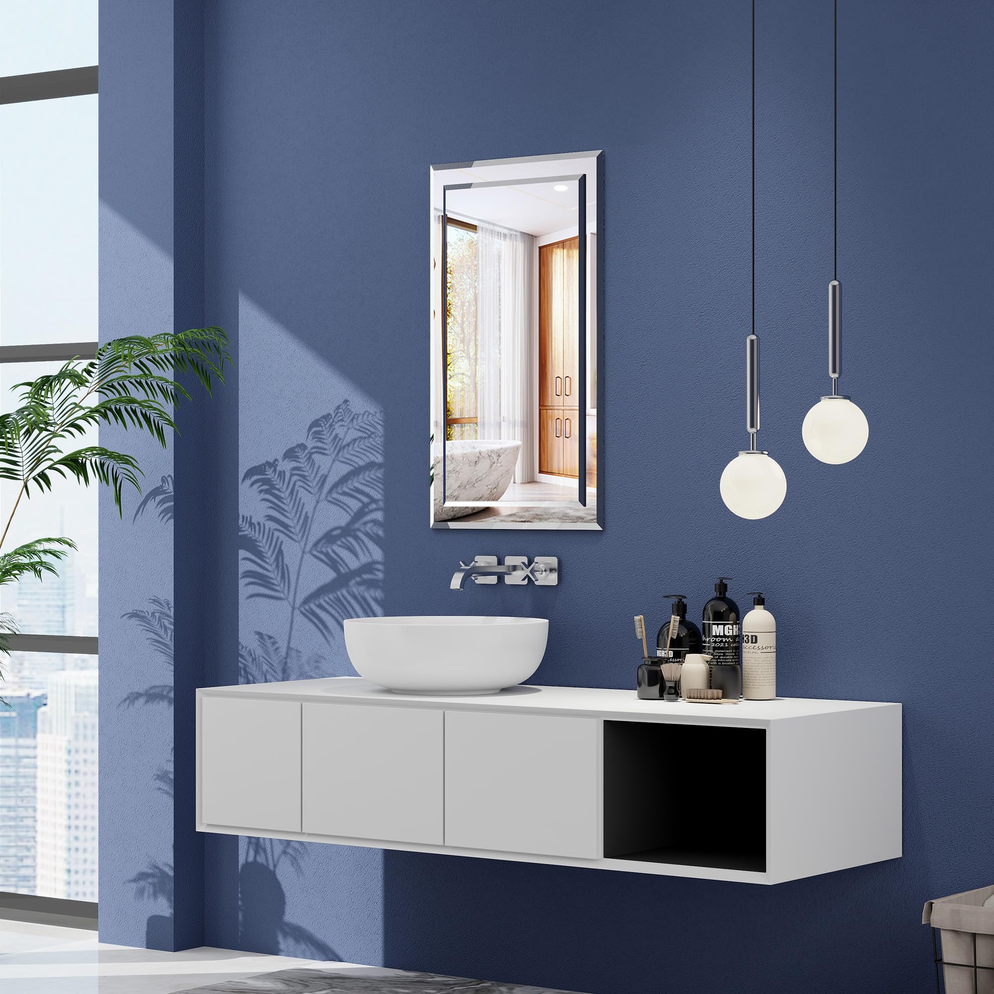 on Mirror Wall Mirror Beveled Edge Polished Frameless Rectangle Bathroom