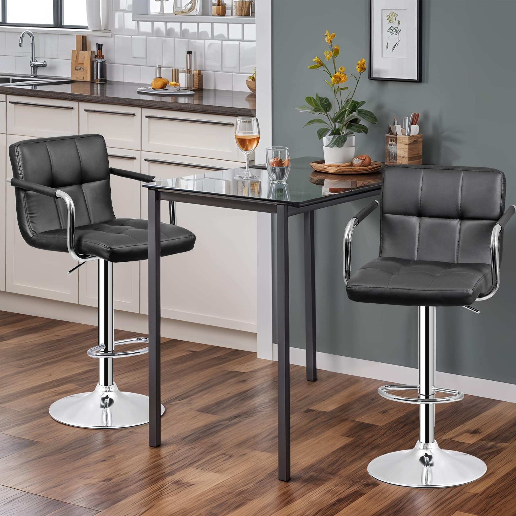 Bar Stools Set of 4, Modern PU Leather Adjustable Swivel Barstool with Back and Arms