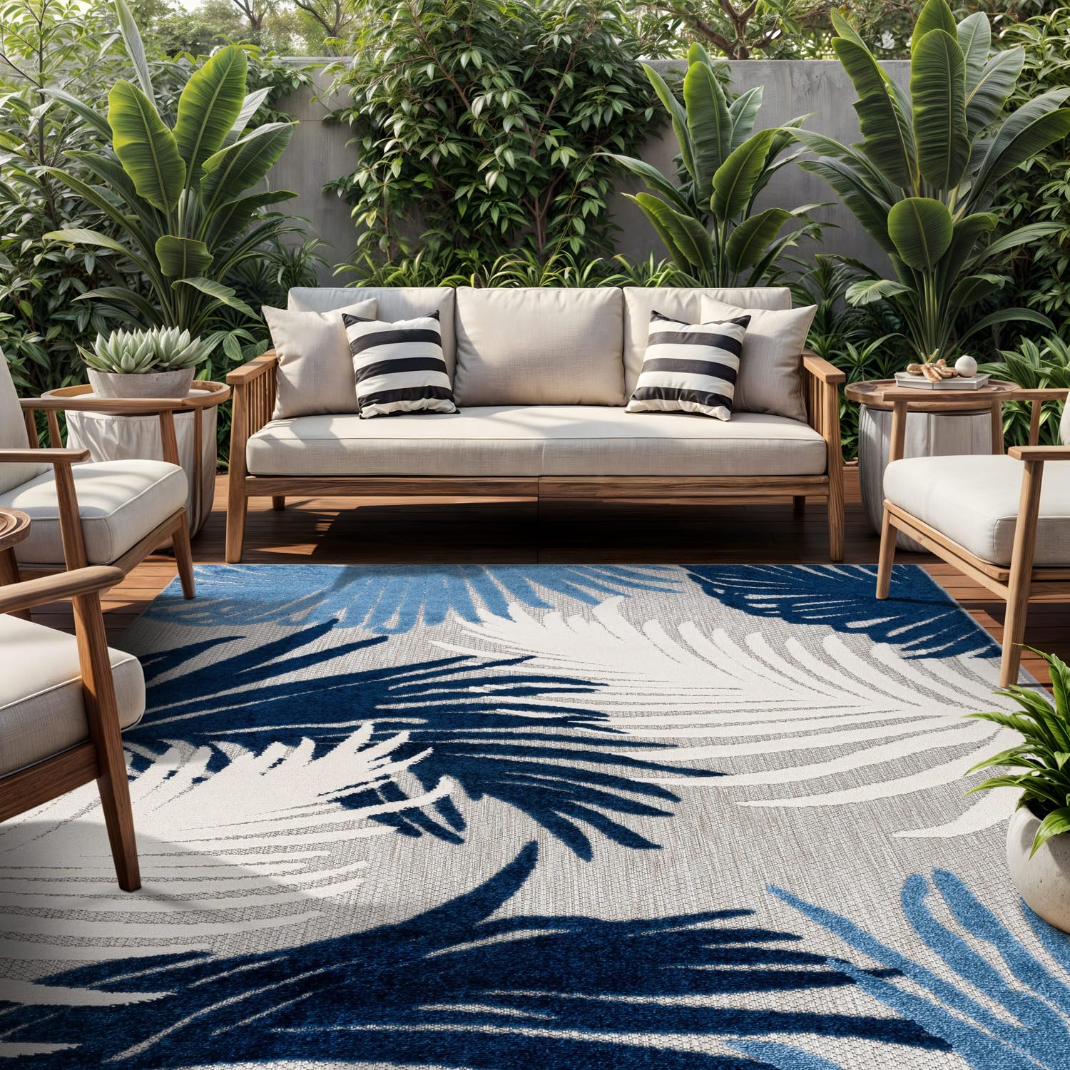 Lucca Contemporary Floral Indoor/Outdoor Area Rug 7'10" x 10' Navy
