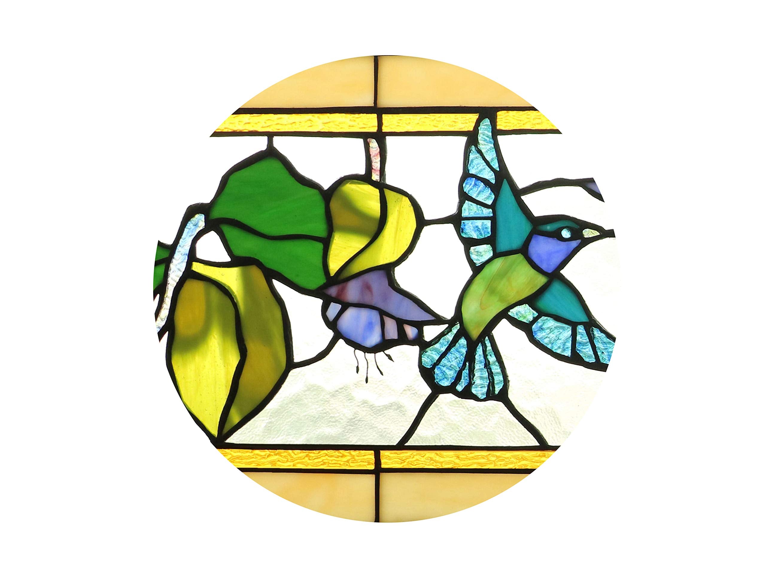 Tiffany Style Stained Glass Hummingbirds Fuchsia Horizontal Art Glass Panel 10" x 32"