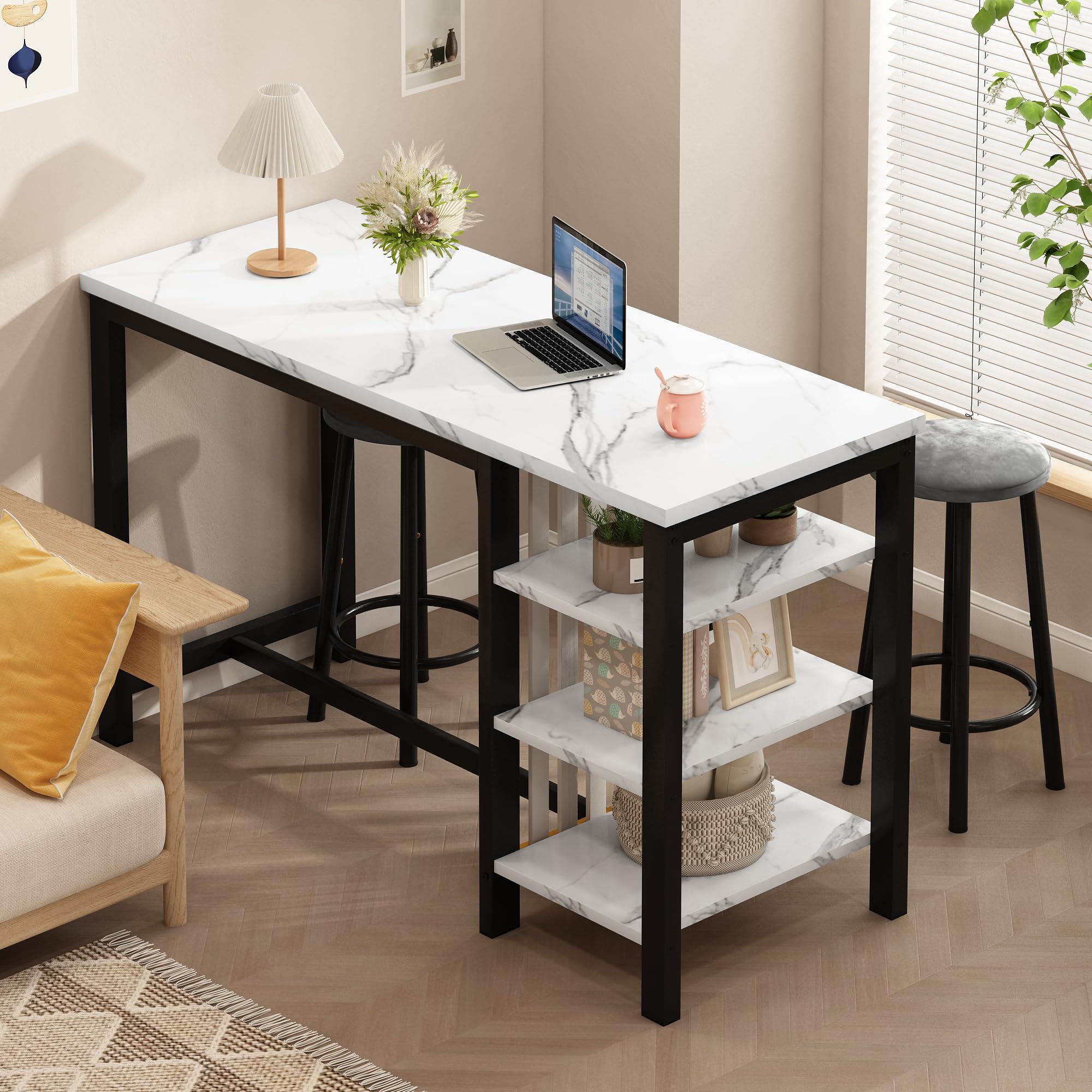 Bar Table Set with Storage Shelves, 47" Modern White Faux Marble Breakfast Table
