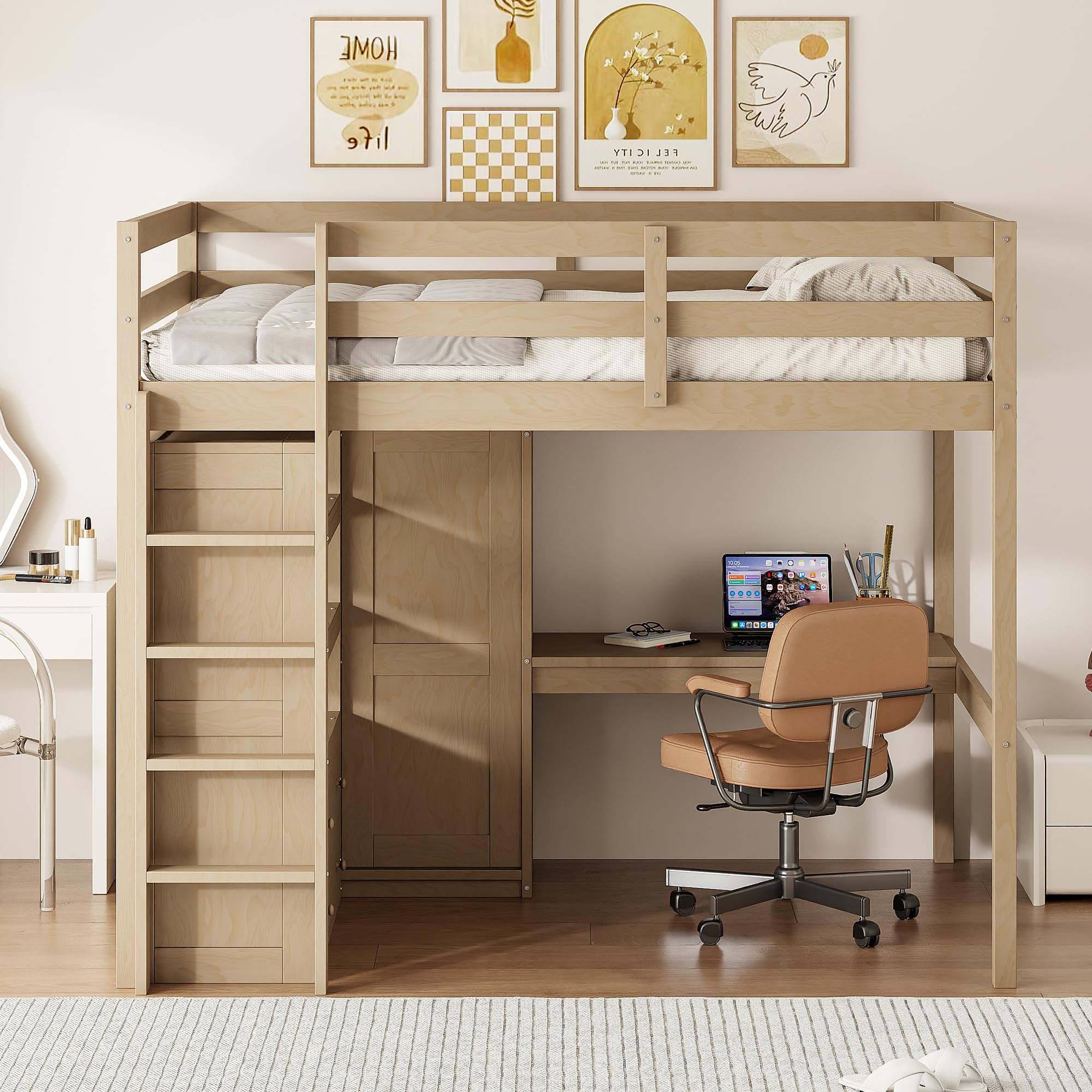 Full Size Loft Bed with Desk & Wardrobe