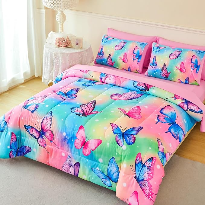Pcs Girls Bedding Set, Rainbow Watercolor Butterfly Comforter Set Full Size