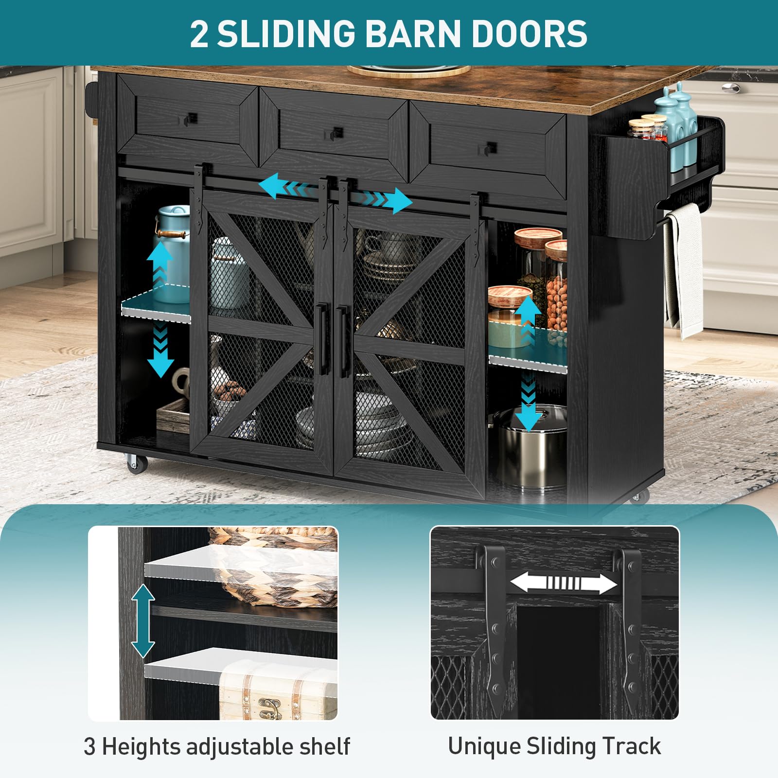 RALGEND Kitchen Island with Storage, Kitchen Cart with Charging Station, Rolling Kitchen Island Table with Drop-Leaf, 3 Drawers, Barn Doors, Towel Rack and Spice Rack, Black and Rustic Brown