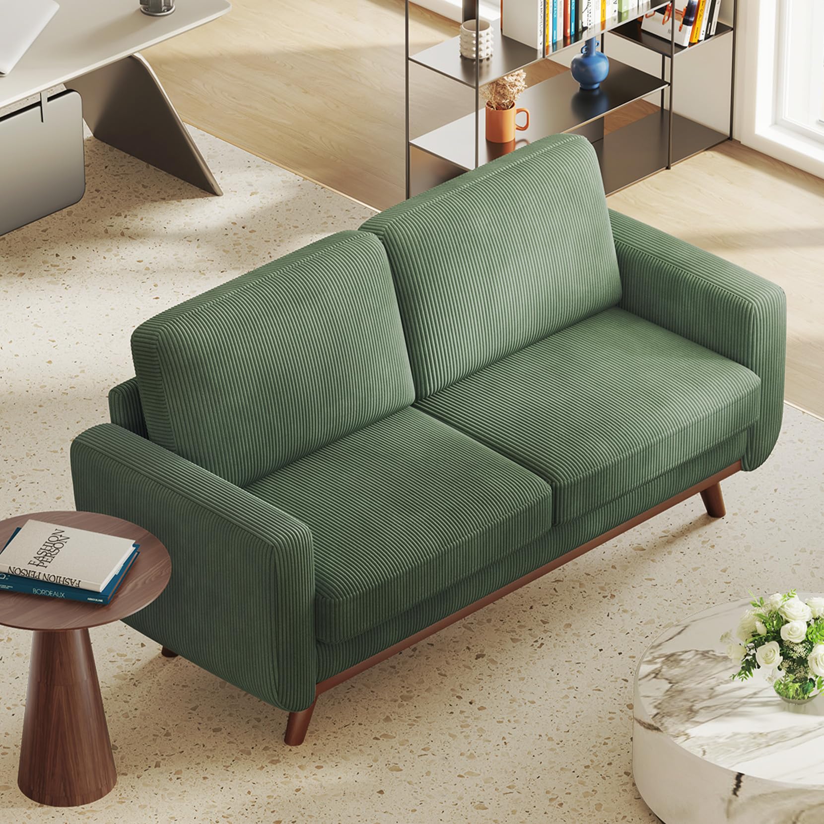 68" Loveseat Sofa - Green, Comfy Corduroy with Spring Cushion for Living Room