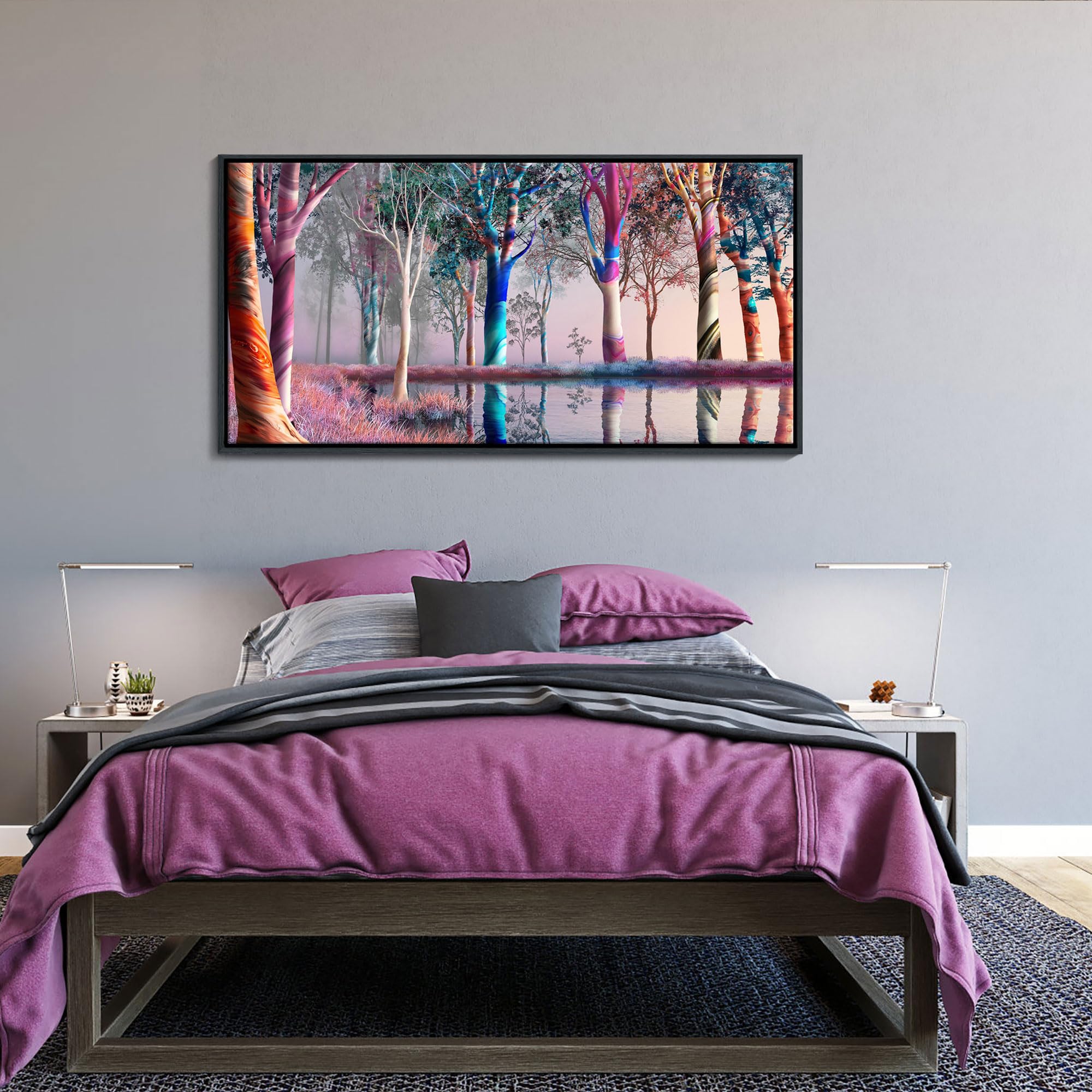 Canvas Wall Art - Fantasy Wooded Wild Lakes Red Pink Room Decor Rainbow Artwork Framed Picture for Living Room Bedroom Paintings Decoration