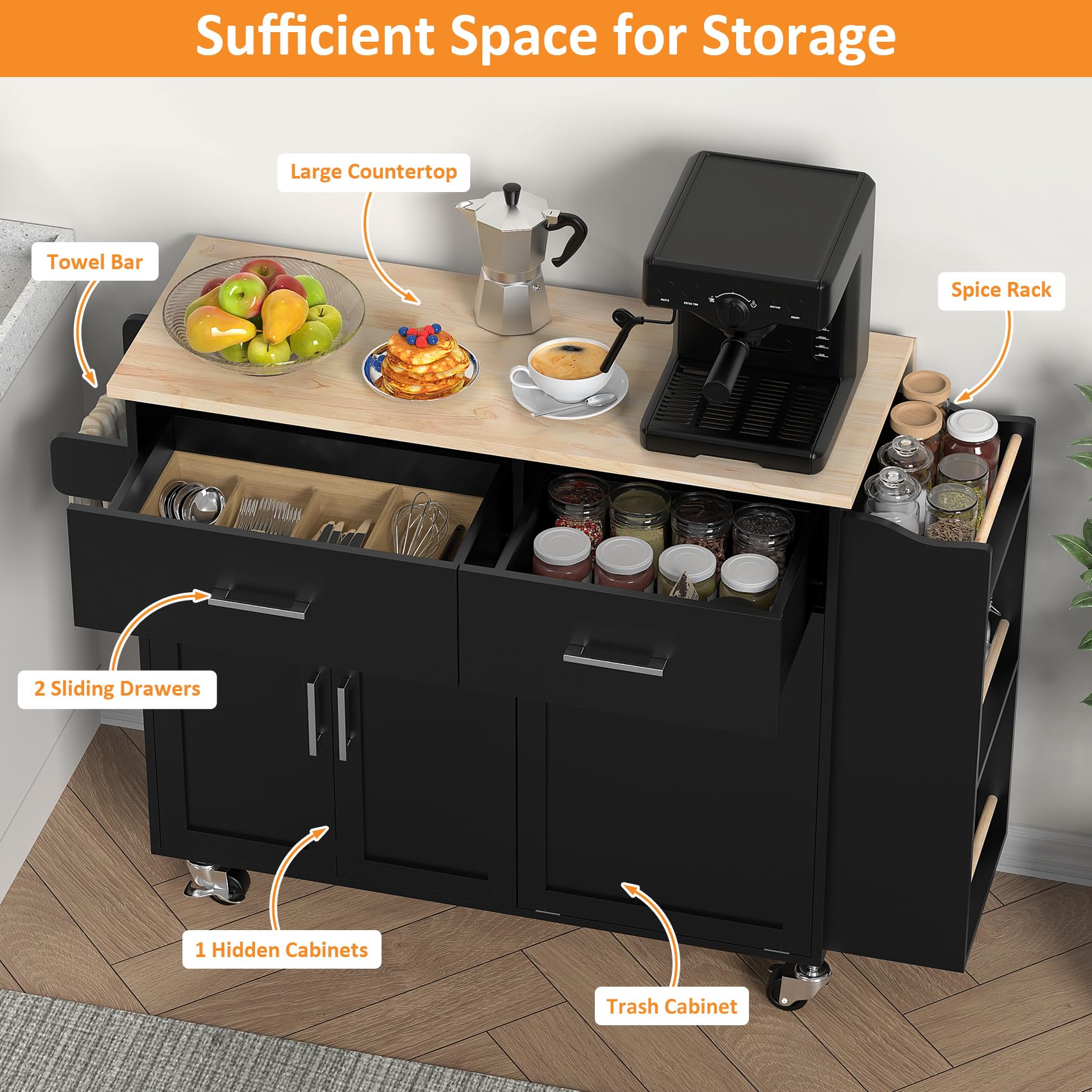 Bigbiglife Rolling Kitchen Island with 2 Drawers, Island Table for Kitchen with Drop Leaf, Kitchen Island Cart with Trash Storage Cabinet, Mobile Buffet Cabinet for Kitchen, Dining Room, Living Room