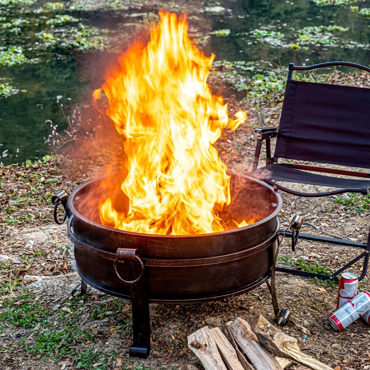 Inch Fire Pit with Grill & Lid, Fireplace & Round Table & BBQ 3 in 1 Fire Pit,Heavy