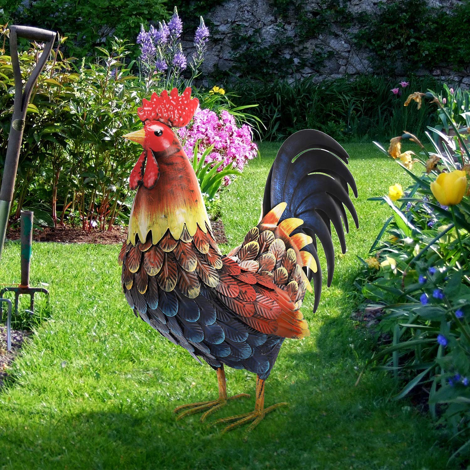 Rooster Decor Garden Statue Metal Chicken Yard Art Sculpture Outdoor Figurines