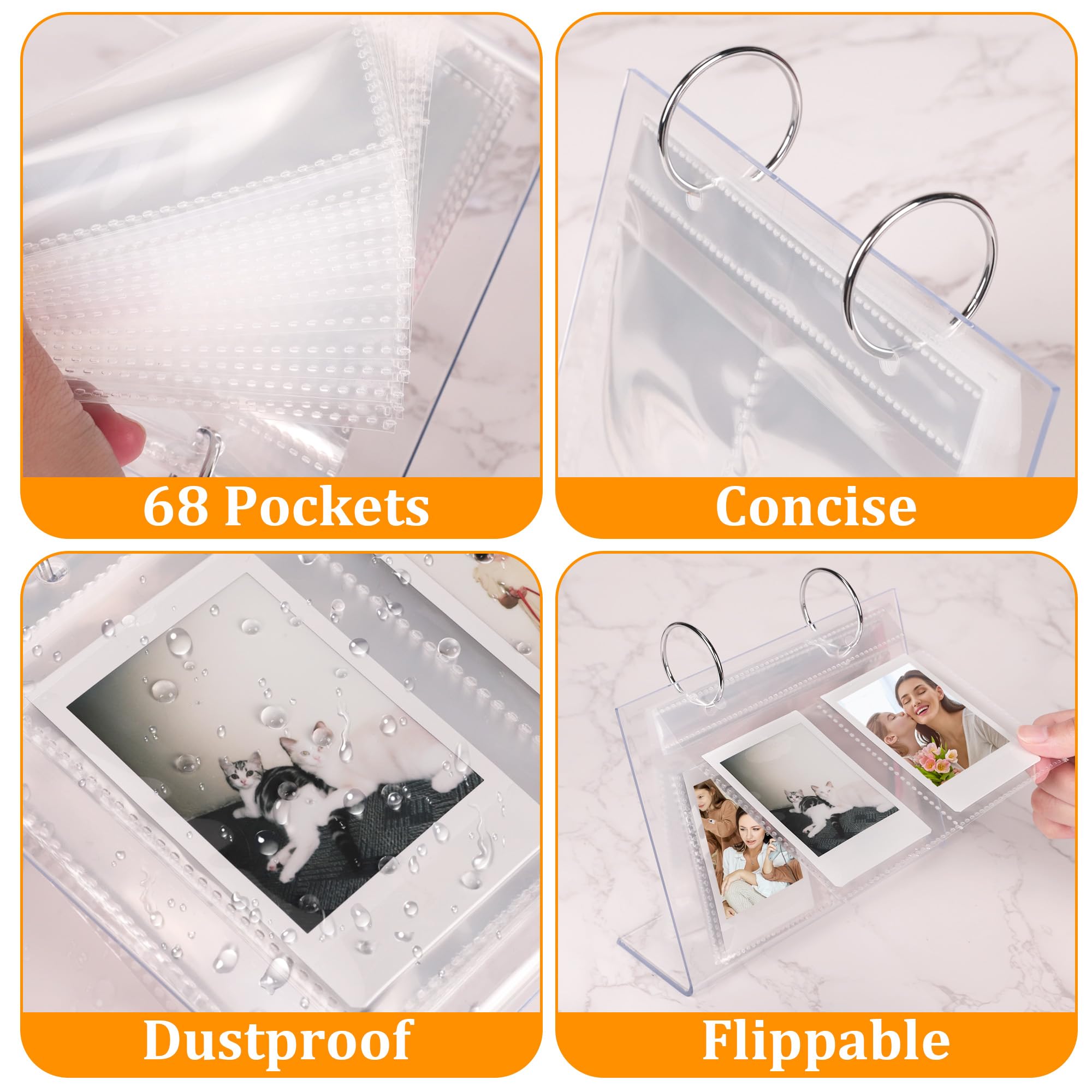 Desktop Small Photo Album, 68 Pockets Acrylic Flip Mini Photo Book, Tabletop Picture Display suitable for 2x3 inch Polaroid/Fujifilm Cameras/Kpop Photocard/Flash Card