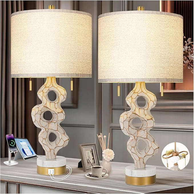 Lamp Set of 2 with USB Ports For Living Room, Gold Leaf Finish Farmhouse