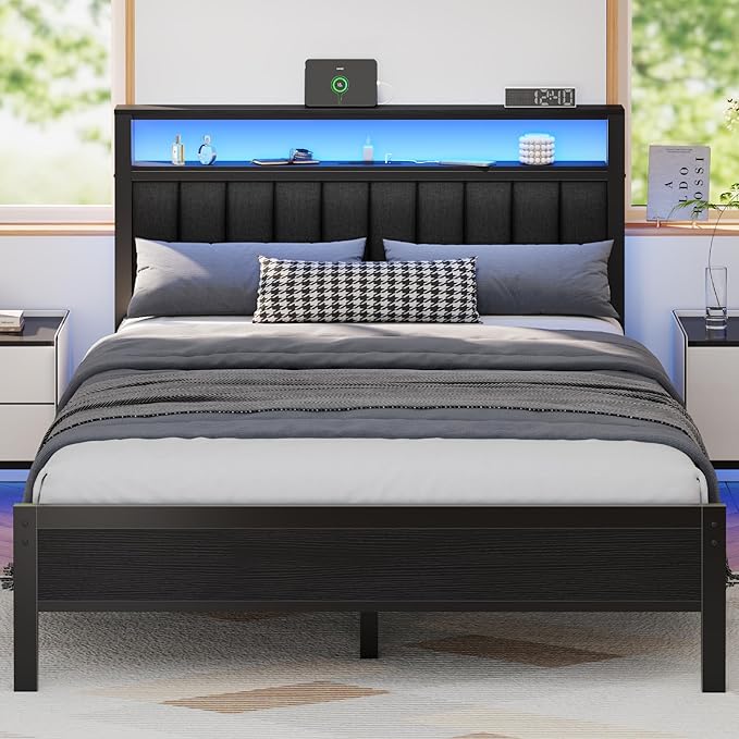 Twin Size Bed Frame with Charging Station and LED Lights, Platform Bed