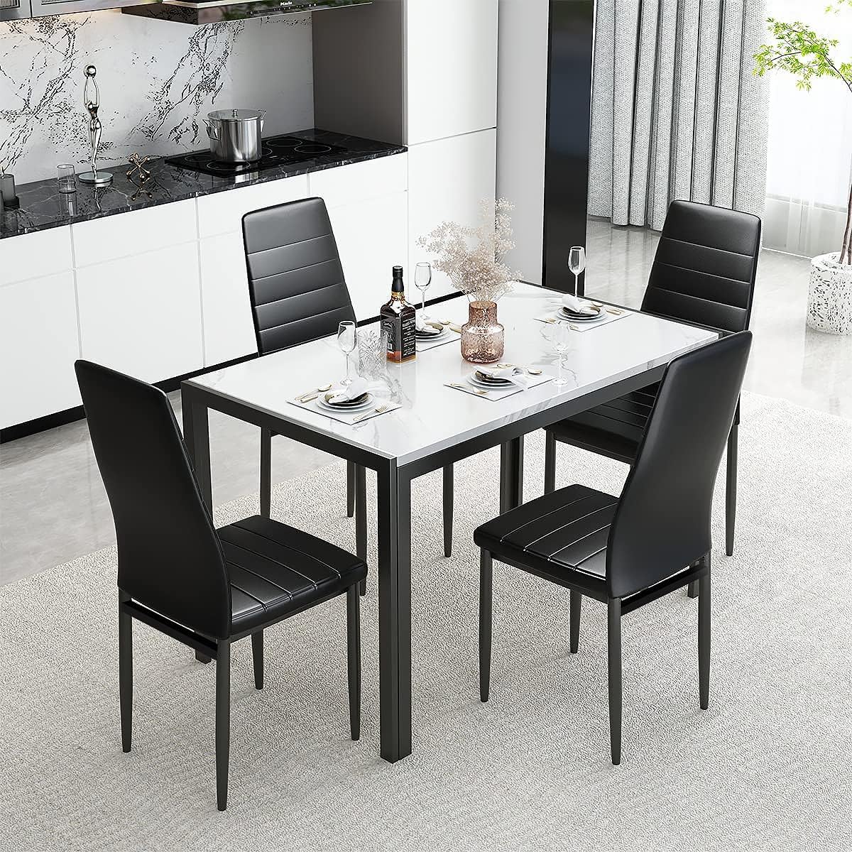 Furniture 5 Piece Faux Dining Set, Modern Kitchen Table Marble Top and High Chairs