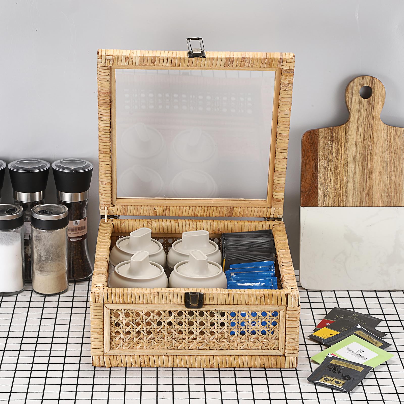 Hipiwe Rattan Decorative Box with Clear Lid and Lock - Large Wicker Storage Basket Bin Handwoven Natural Rattan Basket Organizer Wood and Cane Display Box for Shelf Home Decor,11"x11"x5.1"