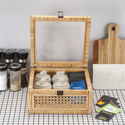 Hipiwe Rattan Decorative Box with Clear Lid and Lock - Large Wicker Storage Basket Bin Handwoven Natural Rattan Basket Organizer Wood and Cane Display Box for Shelf Home Decor,11"x11"x5.1"