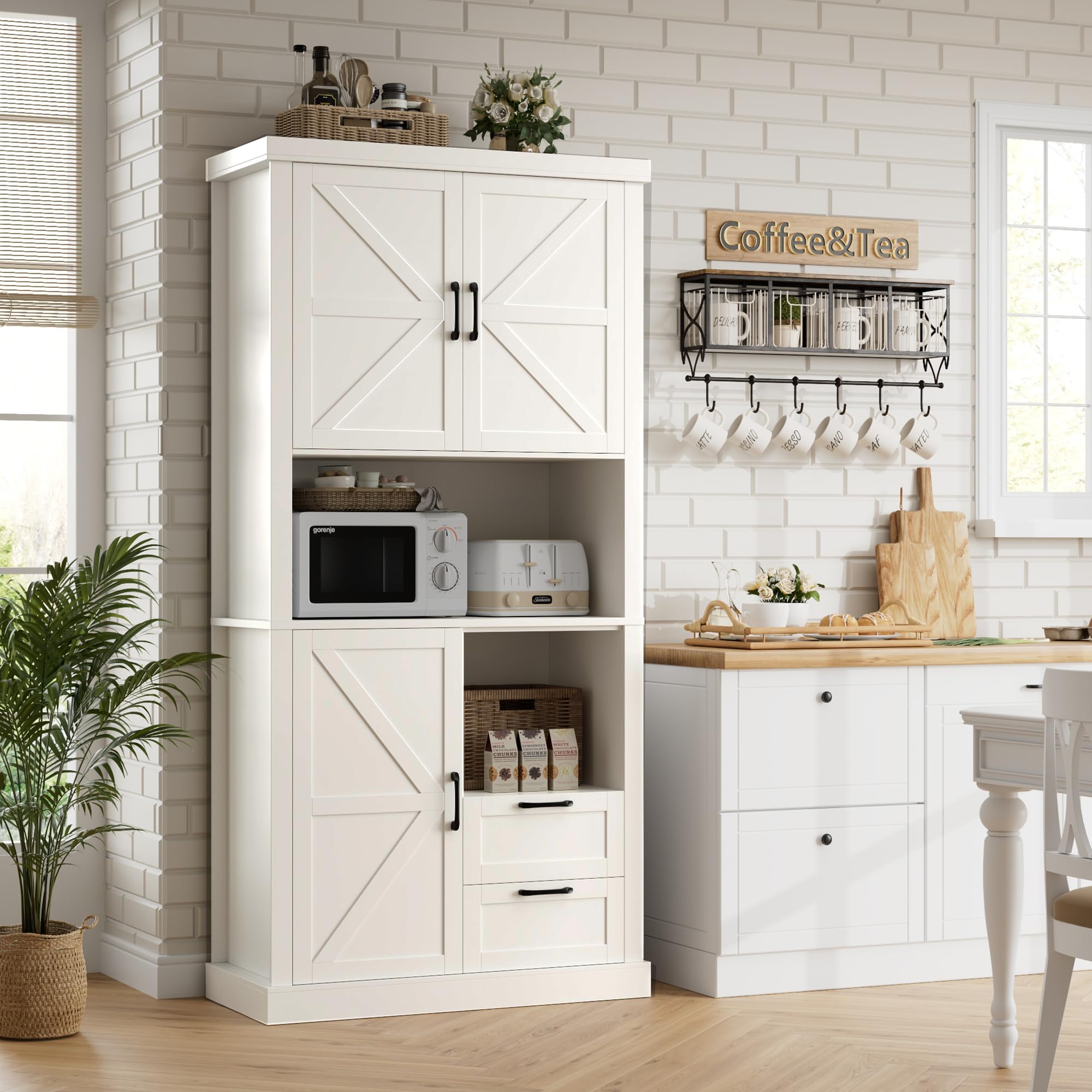 76" Tall Farmhouse Kitchen Pantry Cabinet, Kitchen Hutch Bar Cabinet with Drawers