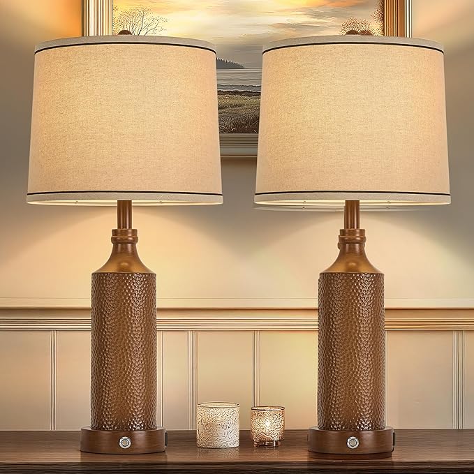 Dimmable Touch Control Table Lamp with USB A+C Ports, Vintage Washed