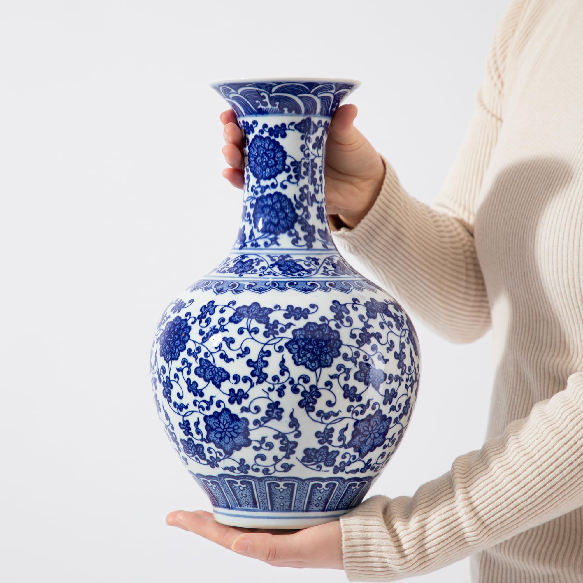 12.4” Classic Blue and White Porcelain Vase, Art Decor Big Vase