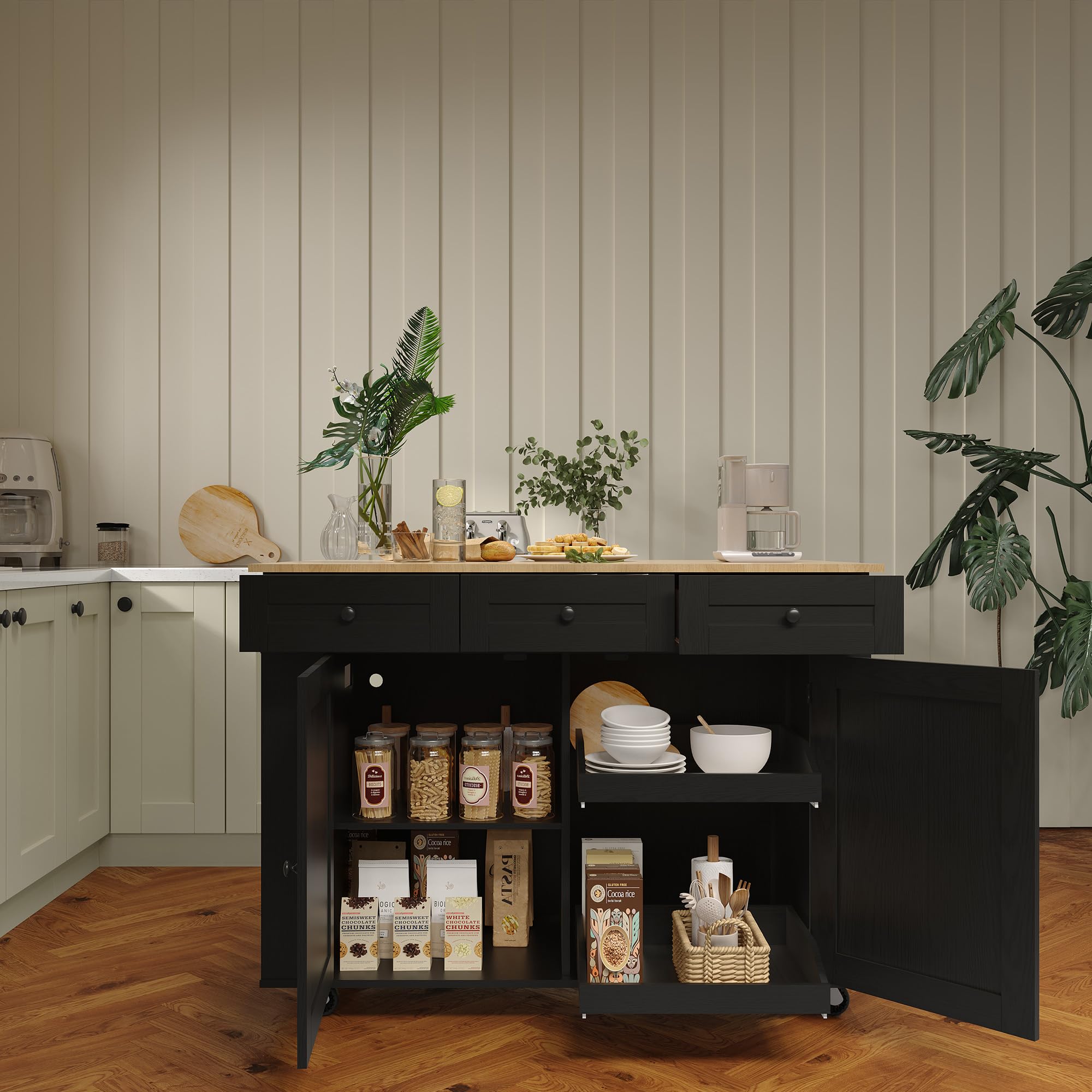 Kitchen Island Cart with 47.2" Wood Top, Island Table for Kitchen with Storage Cabinet & Drop Leaf, Rolling Kitchen Table with Spice Rack, Towel Rack, and Drawer, Portable Islands on Wheels, Black
