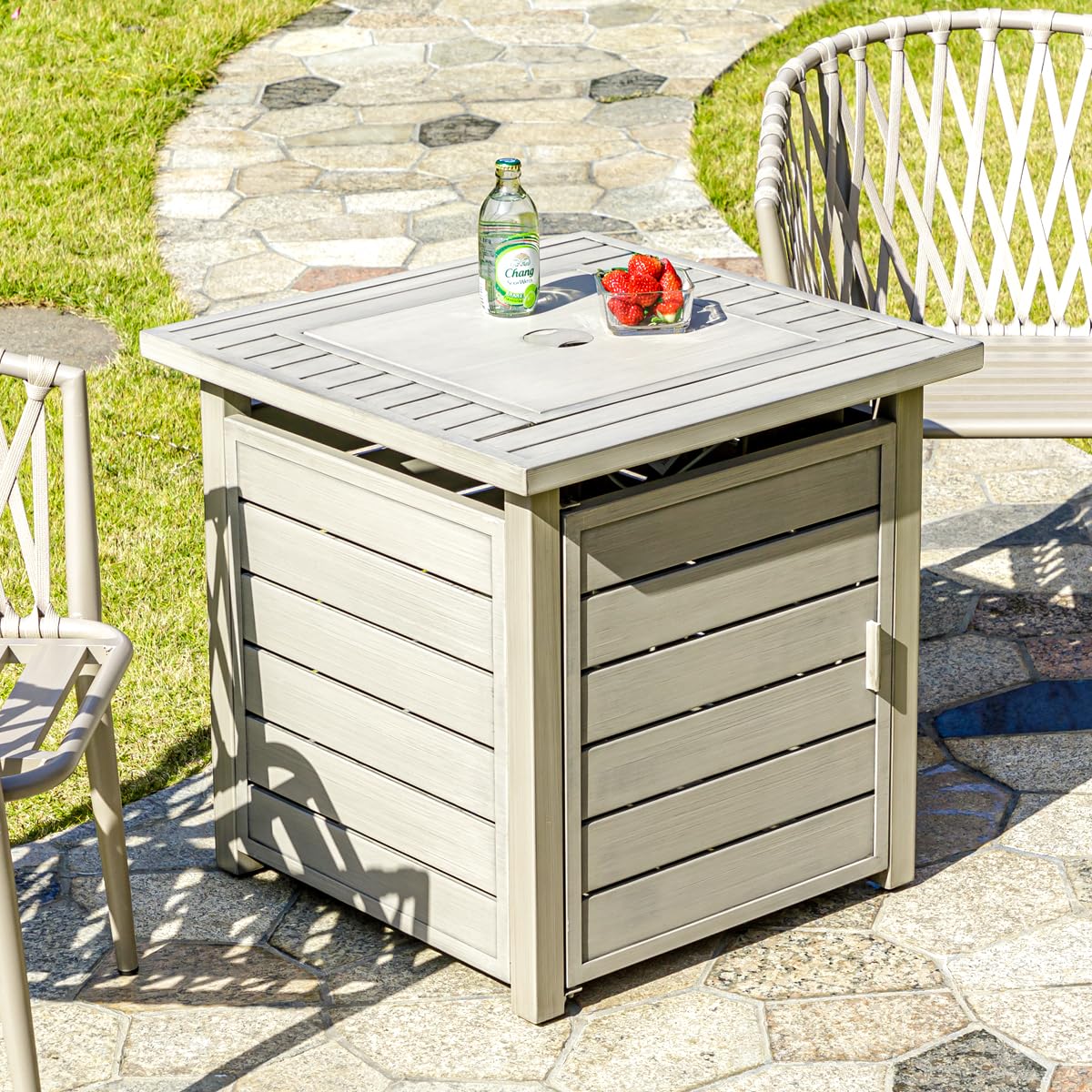 28 Inch Propane Fire Pit Table, Outdoor Gas Fire Pits with Lid & Lava Rock