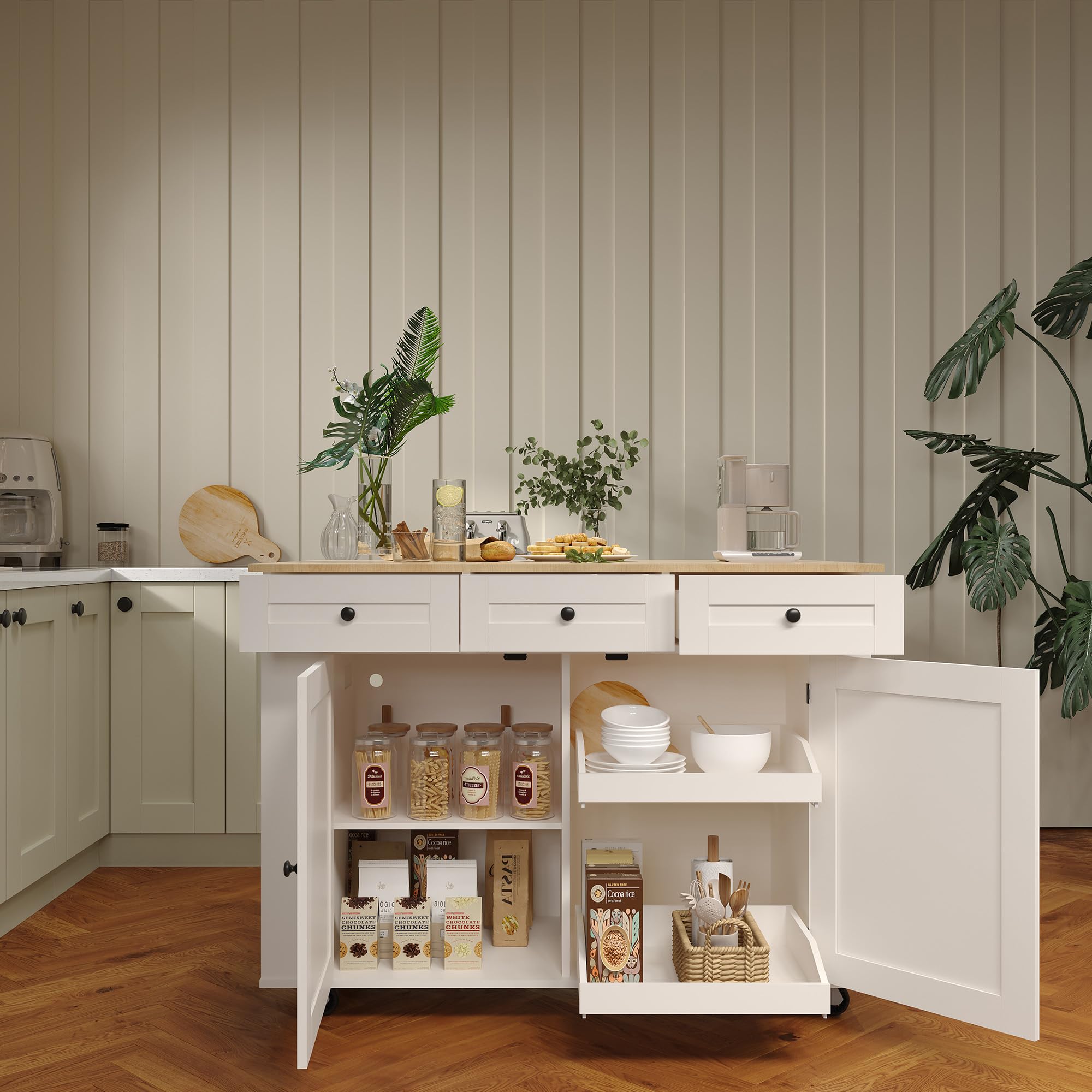 Rolling Kitchen Island Cart with Power Outlet & Drop Leaf
