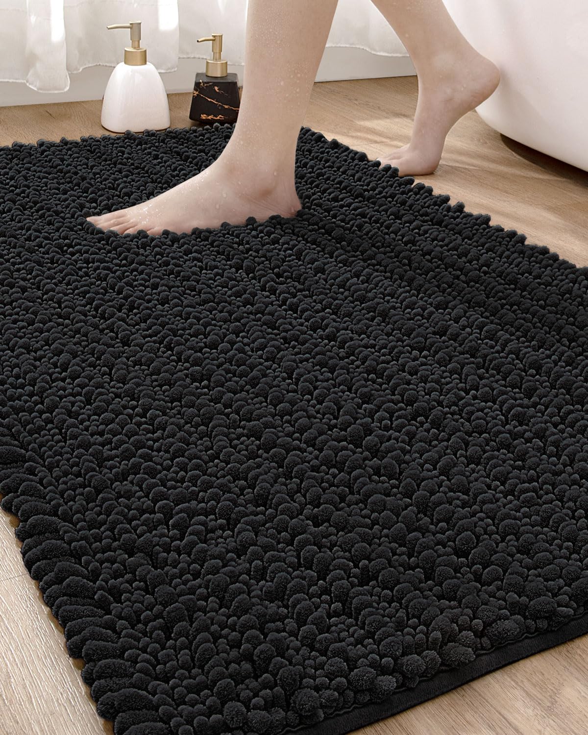 DEXI Bathroom Rug 24x43, Super Soft Thick Chenille Absorbent Bath Mat, Non Slip Machine Washable Fluffy Shag Bathmat for Tub, Shower Floor, Black