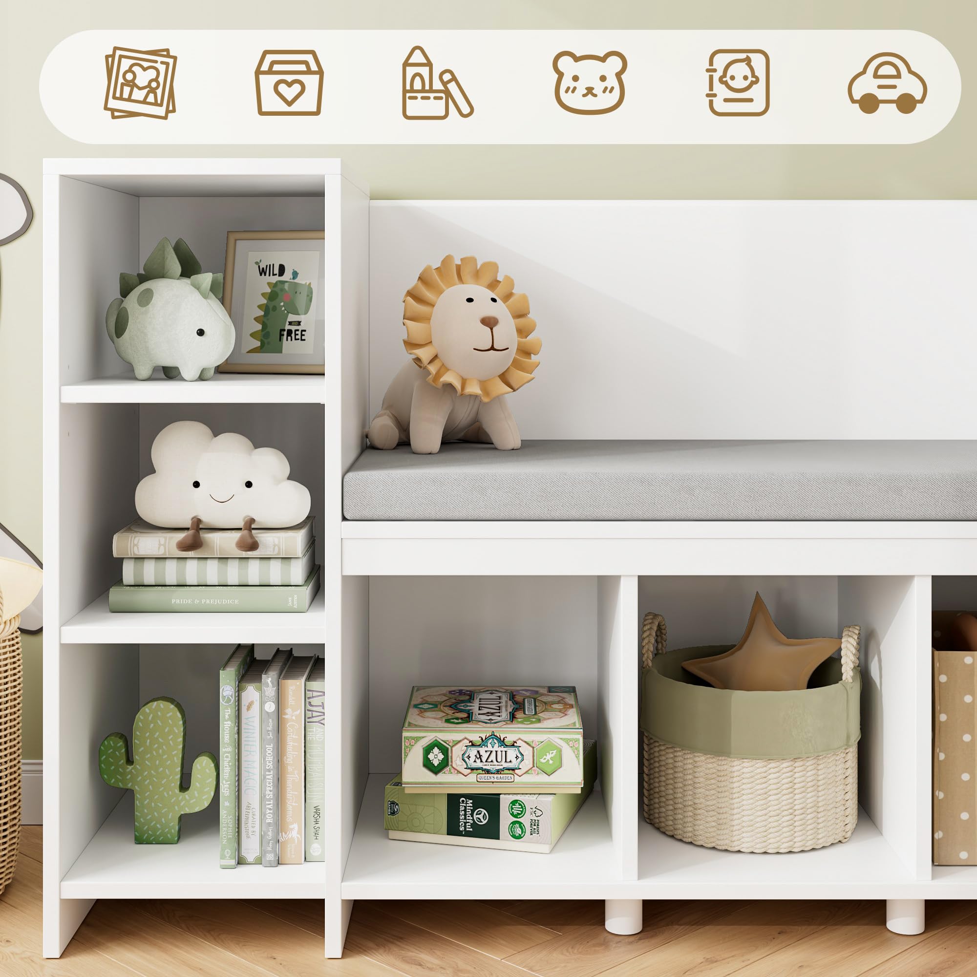 67" Kids Reading Nook with Bench, Kids Bookshelf and Bookcase